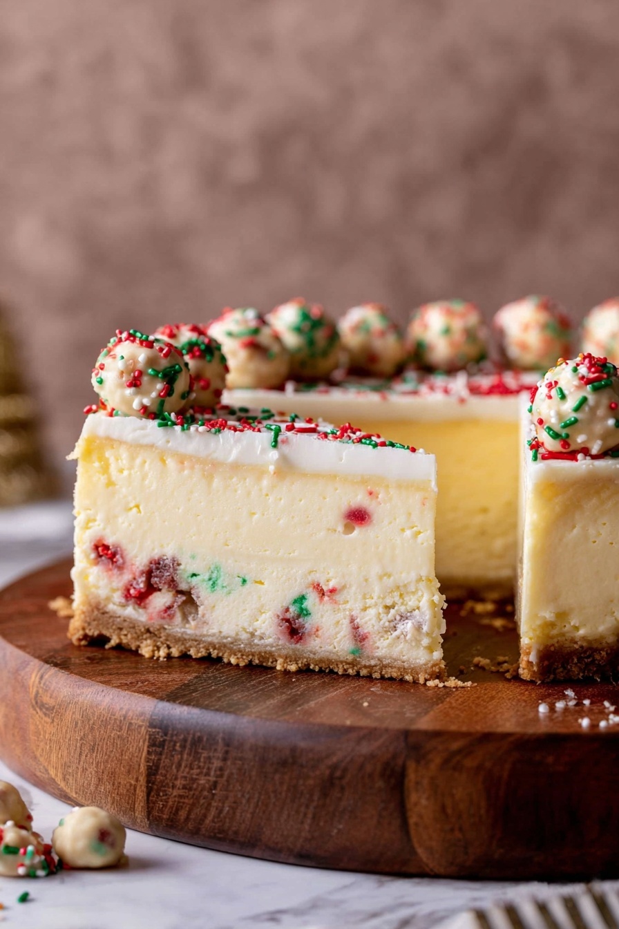 Sugar Cookie Cheesecake, festive cheesecake recipes, easy holiday desserts, no-bake cheesecake with sprinkles, buttery cookie crust cheesecake - The image shows a slice of cheesecake on a round wooden board. The cheesecake has three main layers: a bottom crust layer with red and green specks, a thick middle creamy yellow layer with some red and green spots inside, and a thin top layer of cream with red, green, and white sprinkles scattered on it. Around the edge on top, there is a ring of small cookie dough balls with colored sprinkles inside them. The background is a plain soft brown color and the surface is a white marbled texture. Photo taken with an iphone --ar 2:3 --v 7