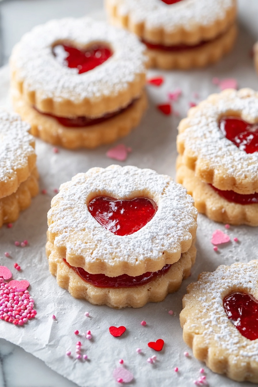 Raspberry Linzer Cookies, raspberry jam sandwich cookies, buttery almond cookies, holiday cookie ideas, seasonal dessert recipes - The image shows several round cookies with scalloped edges, stacked in two layers on a metal rack over white parchment paper. Each cookie has two layers: a bottom layer of pale golden dough and a top layer of the same dough dusted with powdered sugar, with a heart-shaped cutout in the center revealing bright red jam inside. The red jam filling is shiny and thick, and small heart-shaped sprinkles in various shades of pink and red are scattered around the cookies on a white marbled surface. A spoon with red jam lies to the side beside a glass jar partially visible, adding a touch of vibrant color. photo taken with an iphone --ar 2:3 --v 7