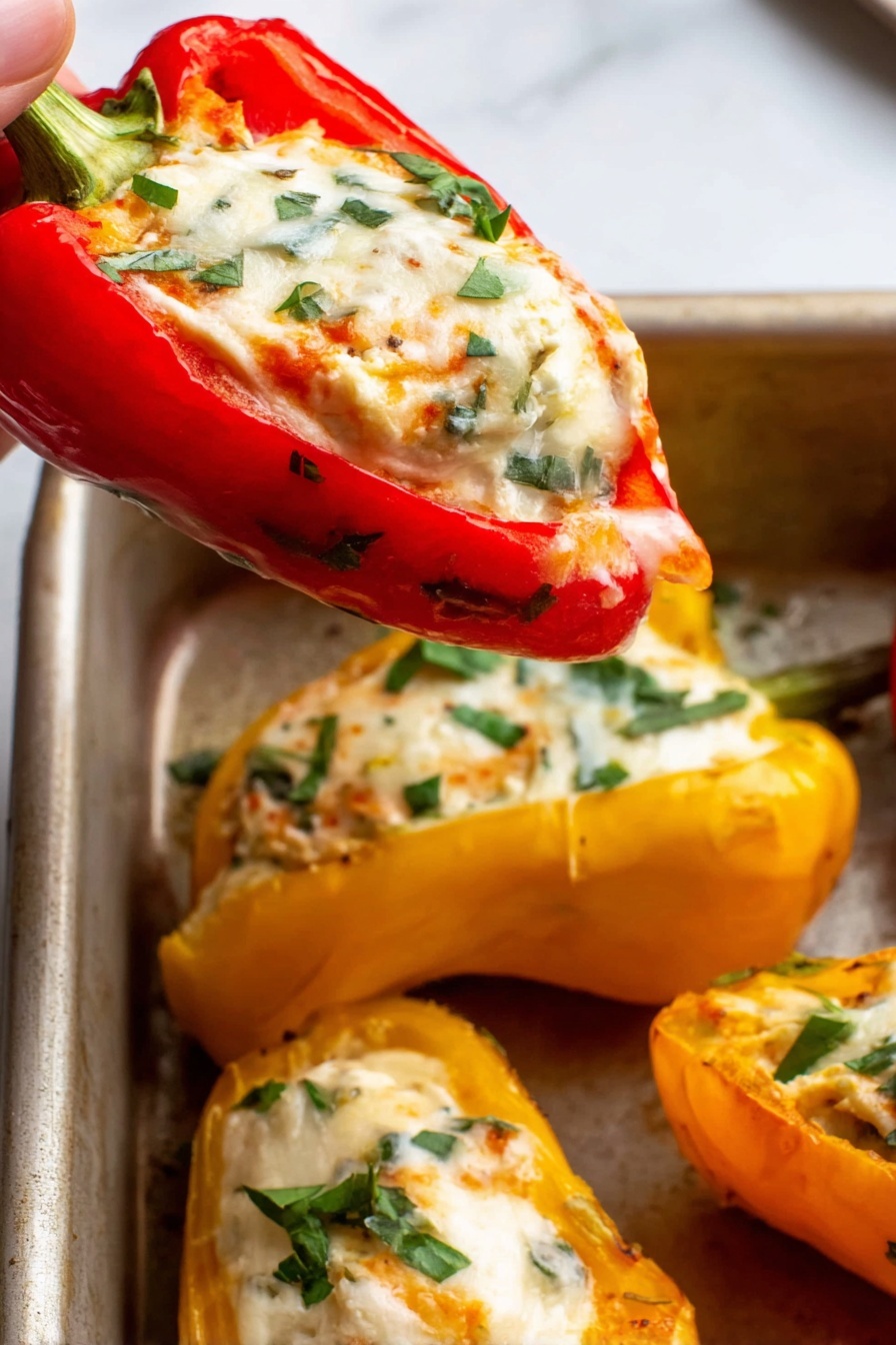 Cream Cheese Stuffed Mini Peppers, Stuffed Mini Peppers appetizer, printable mini peppers recipe, easy party snacks, healthy stuffed pepper bites - A close-up image shows a woman's hand holding a bright red pepper half stuffed with a creamy, white cheese mixture with small green herb pieces mixed inside. Below it, there are other pepper halves, mostly yellow, also filled with the same cheesy mixture and sprinkled with chopped green herbs. The peppers sit inside a metal baking pan placed on a white marbled surface. The shiny, slightly melted cheese topping has a smooth texture, topping soft, stuffed peppers with visible herbs on top. Photo taken with an iphone --ar 2:3 --v 7