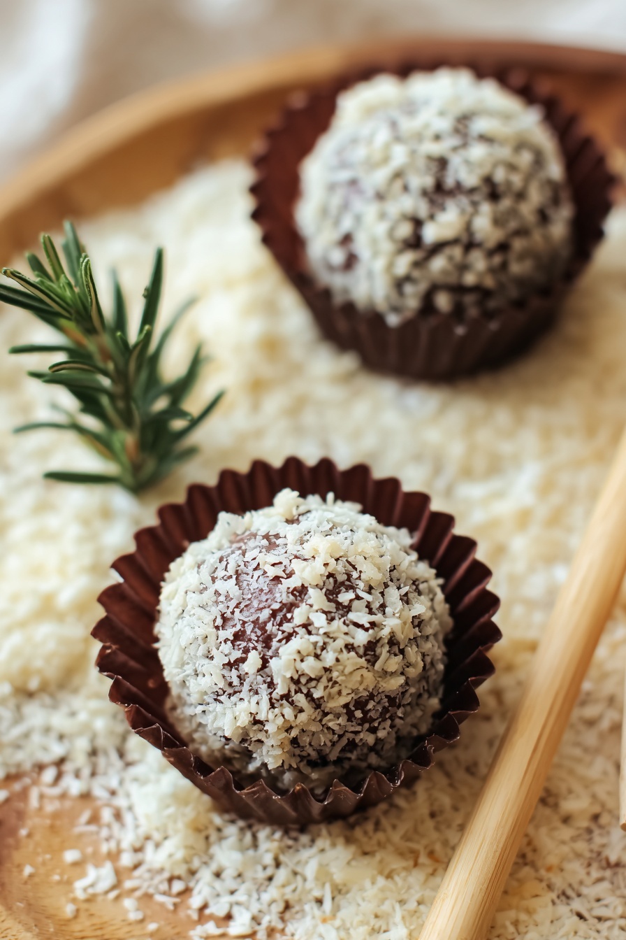 Quick Bourbon Balls, Bourbon Balls recipe, no-bake bourbon treats, holiday bourbon sweets, easy chocolate bourbon balls - Two round chocolate balls are each placed inside dark brown ridged paper cups sitting on a bed of light beige shredded coconut flakes. The chocolate balls have rough, crumbly white flakes covering their surfaces unevenly. A small sprig of green rosemary is placed on the left side, adding a touch of color. The background is a soft, light wood texture. Two light wooden sticks rest on the lower right corner. The photo is framed with a light tan border and some small brush stroke designs. Photo taken with an iphone --ar 2:3 --v 7