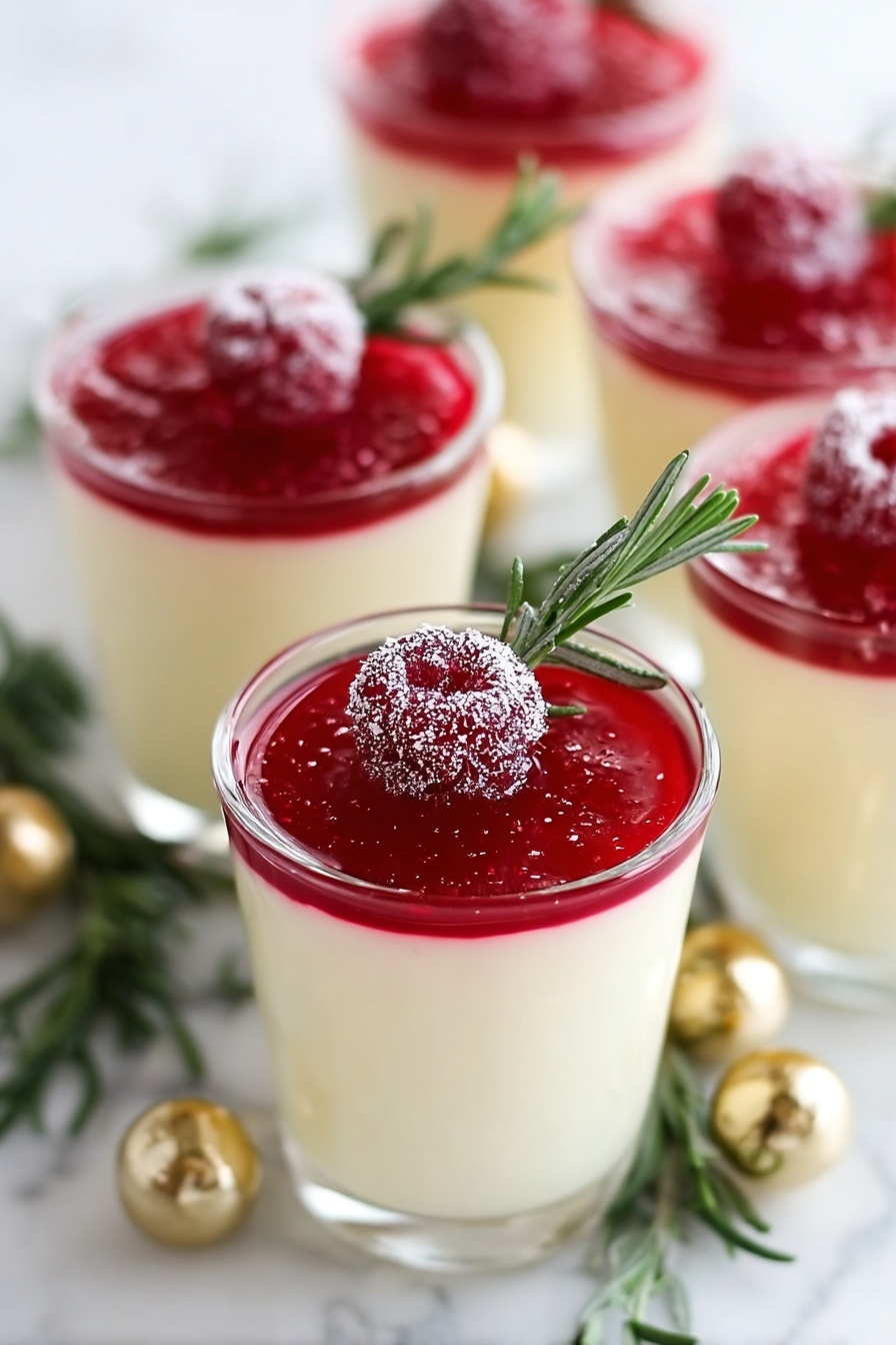 Eggnog Panna Cotta with Spiked Cranberry Sauce, festive holiday dessert recipes, creamy eggnog panna cotta, boozy cranberry sauce, holiday dessert ideas - A small clear glass holds a two-layer dessert, with the bottom layer a smooth, pale yellow pudding filling about three-quarters of the glass. On top is a bright red jelly layer, thin but firm, with a sugared red berry placed near the edge. A shiny gold spoon sticks upright from the dessert. The glass sits on a white plate with a small sprig of green herb and a sparkly gold decoration beside it. In the background, there are similar glasses with the same dessert, placed on a white marbled surface, giving a clean and bright look. Photo taken with an iphone --ar 2:3 --v 7