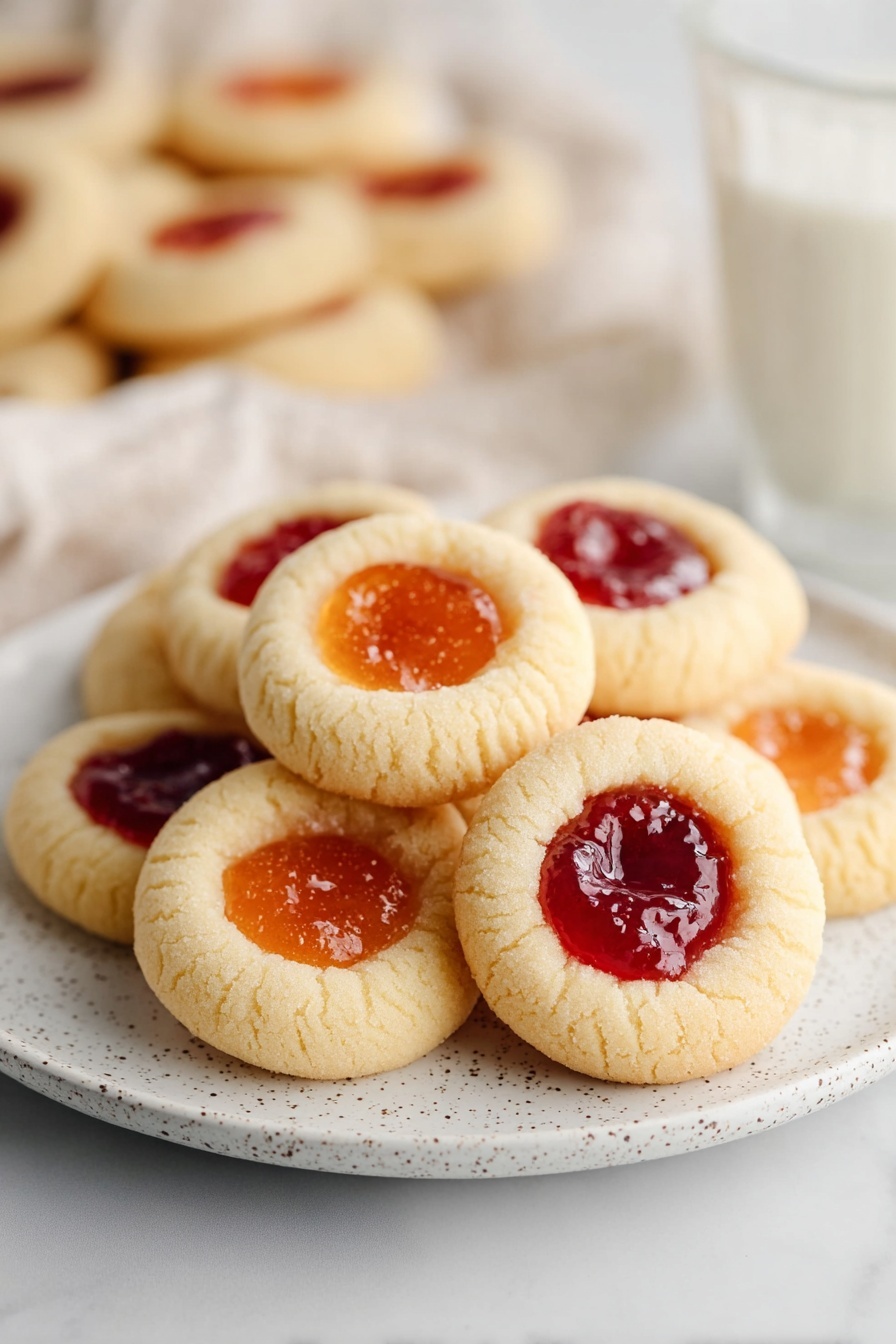 Thumbprint Cookies with Jam, jam thumbprint cookies, homemade thumbprint cookies, buttery jam cookies, easy thumbprint cookie recipe - The image shows a close-up of a round cookie with a soft beige dough forming a slight dome shape. At the center of the cookie, there is a small pool of shiny orange jam that looks smooth and glossy, sitting slightly below the dough edge. The cookie surface is lightly textured with a crumbly appearance, contrasting with the wet and thick look of the jam. The cookies are placed on a sheet of parchment paper with a light off-white tone. The background and surface have a white marbled look. photo taken with an iphone --ar 2:3 --v 7