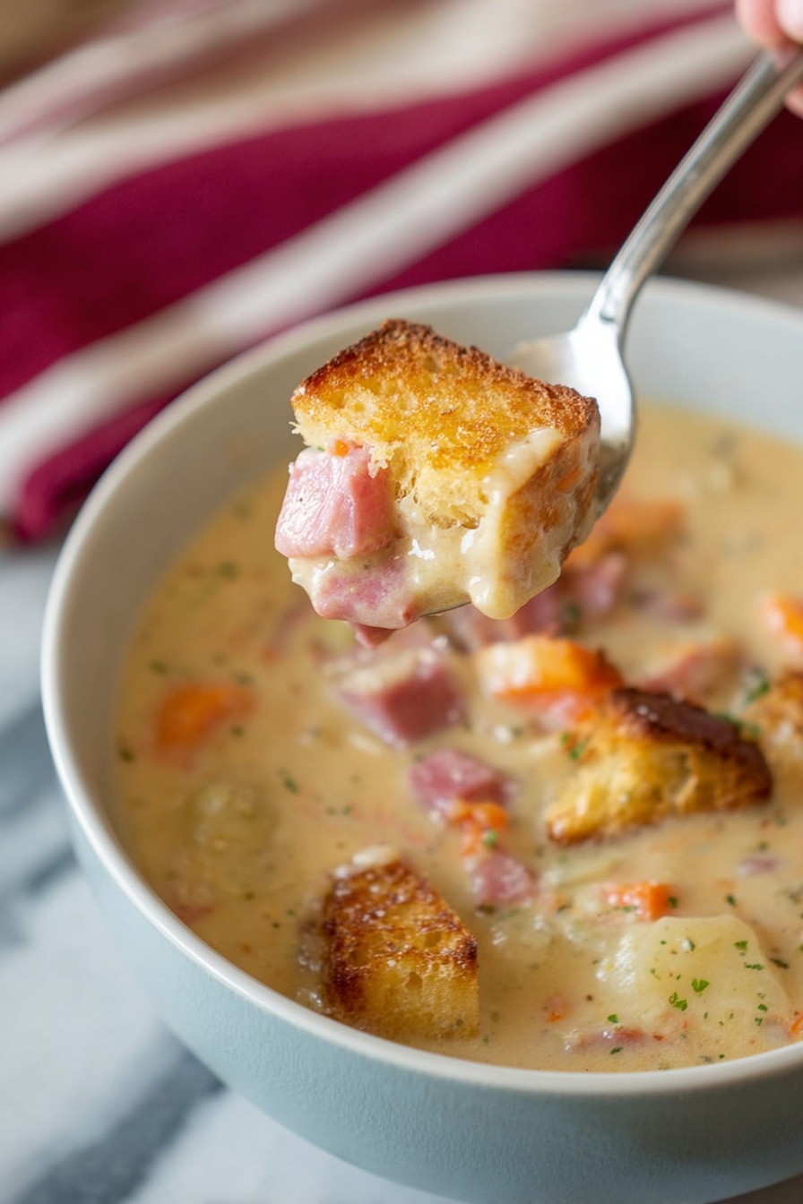 Reuben Soup with Swiss Cheese, Reuben Soup recipe, corned beef soup, sauerkraut soup, cheesy deli-inspired soup - A close-up of a spoon held by a woman's hand, lifting a creamy soup that contains visible pieces of orange carrot, pink ham, and light-colored potato chunks, topped with a golden brown toasted bread cube. Below the spoon, a white bowl filled with the same creamy soup is garnished with several toasted bread cubes floating on the surface. The soup looks thick and rich, with a smooth, light beige color speckled with bits of ham and vegetables. All this is placed on a white marbled surface with a blurred red and white striped cloth in the background. photo taken with an iphone --ar 2:3 --v 7