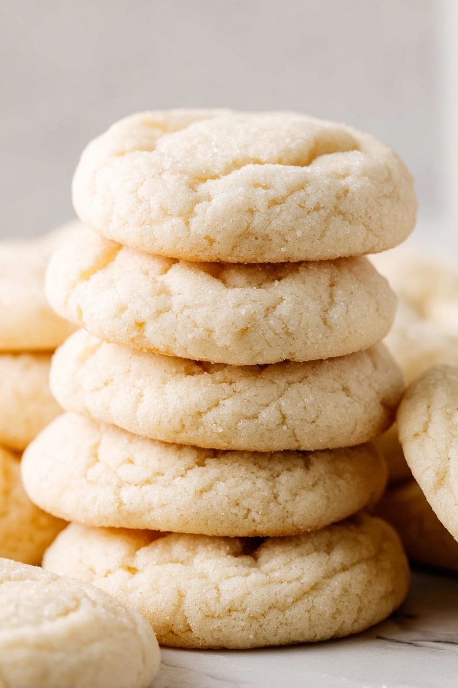 Amish Sugar Cookies, Amish Sugar Cookies Recipe, Soft Sugar Cookies, Buttery Sugar Cookies, Vanilla Sugar Cookies - The image shows a close-up of several sugar cookies stacked on top of each other. Each cookie has a light golden color with a soft, slightly cracked surface, and a round, somewhat puffy shape. The cookies have a smooth, almost crumbly texture visible on the outside, and the edges show a gentle browning. The cookies are placed on a white marbled surface, filling the frame with no other items or background elements visible. photo taken with an iphone --ar 2:3 --v 7