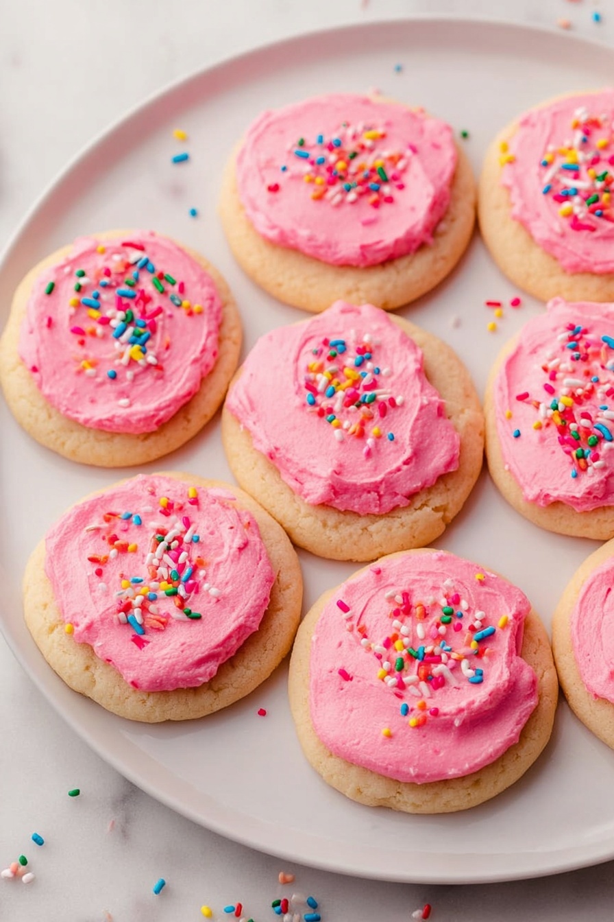 Soft Frosted Sugar Cookies, soft sugar cookies with frosting, easy sugar cookie recipe, homemade frosted sugar cookies, tender sugar cookies with frosting - The image shows a white plate holding nine round cookies, each topped with a thick layer of bright pink frosting. The cookies have a light golden-brown color and slightly rough texture. The frosting is creamy with a smooth, slightly uneven spread on each cookie, sprinkled with colorful rainbow sprinkles in reds, whites, blues, yellows, and greens. The plate sits on a white marbled surface with some sprinkles scattered around the edges. Photo taken with an iphone --ar 2:3 --v 7