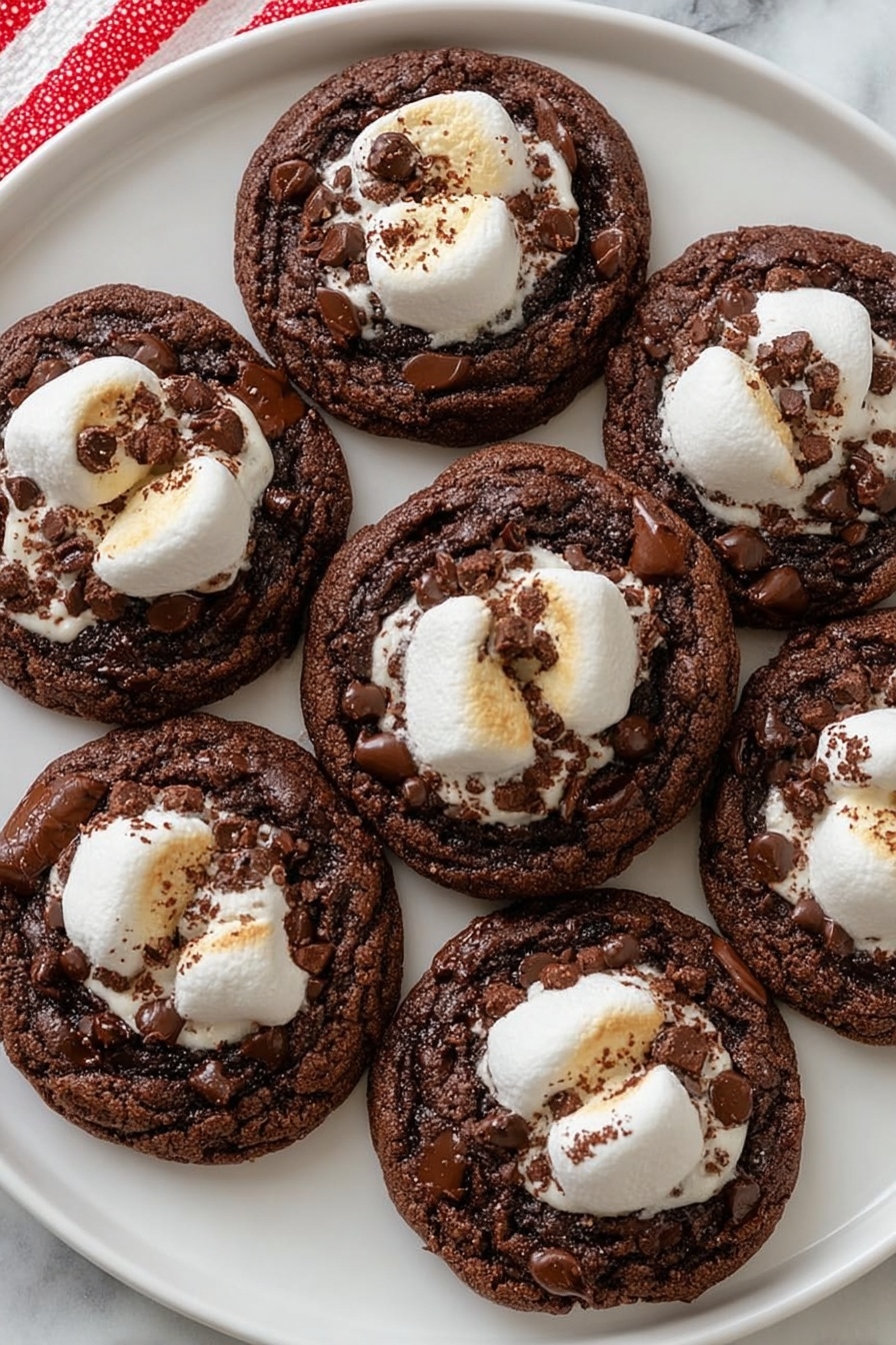 Hot Chocolate Cookies with Marshmallows, hot chocolate cookies, chocolate marshmallow cookies, cozy cookie recipes, melt-in-the-mouth cookies - The image shows a white plate filled with seven round chocolate cookies, each topped with a single white toasted marshmallow that has a soft, smooth texture and a slightly browned surface. The cookies are dark brown with visible chunks of melted chocolate scattered across the top, giving a rich and glossy look. The cookies are arranged in a neat group, covering most of the plate. The background is a white marbled surface, and a red and white striped cloth is partially visible in the top left corner. photo taken with an iphone --ar 2:3 --v 7