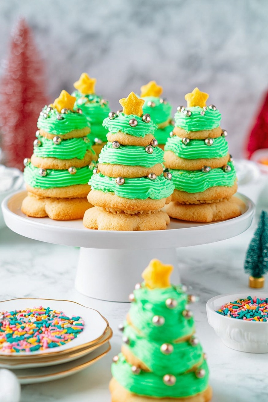 Christmas Tree Cookies with Buttercream Frosting, festive holiday cookies, DIY Christmas treats, Christmas baking ideas, buttercream frosting recipes - The image shows small Christmas tree-shaped desserts arranged on a white cake stand. Each dessert has three layers of light brown cookie cakes stacked with bright green frosting between each layer, shaped like swirls to give a tree effect. The top layer of frosting is decorated with small round gold and silver sprinkles, and each tree is topped with a small yellow star candy. In the front lower portion of the image, a few more of these desserts sit on a white plate with a gold rim. To the right, there is a small white bowl filled with colorful star-shaped sprinkles. The background is a white marbled surface with blurred festive decorations in the distance. photo taken with an iphone --ar 2:3 --v 7