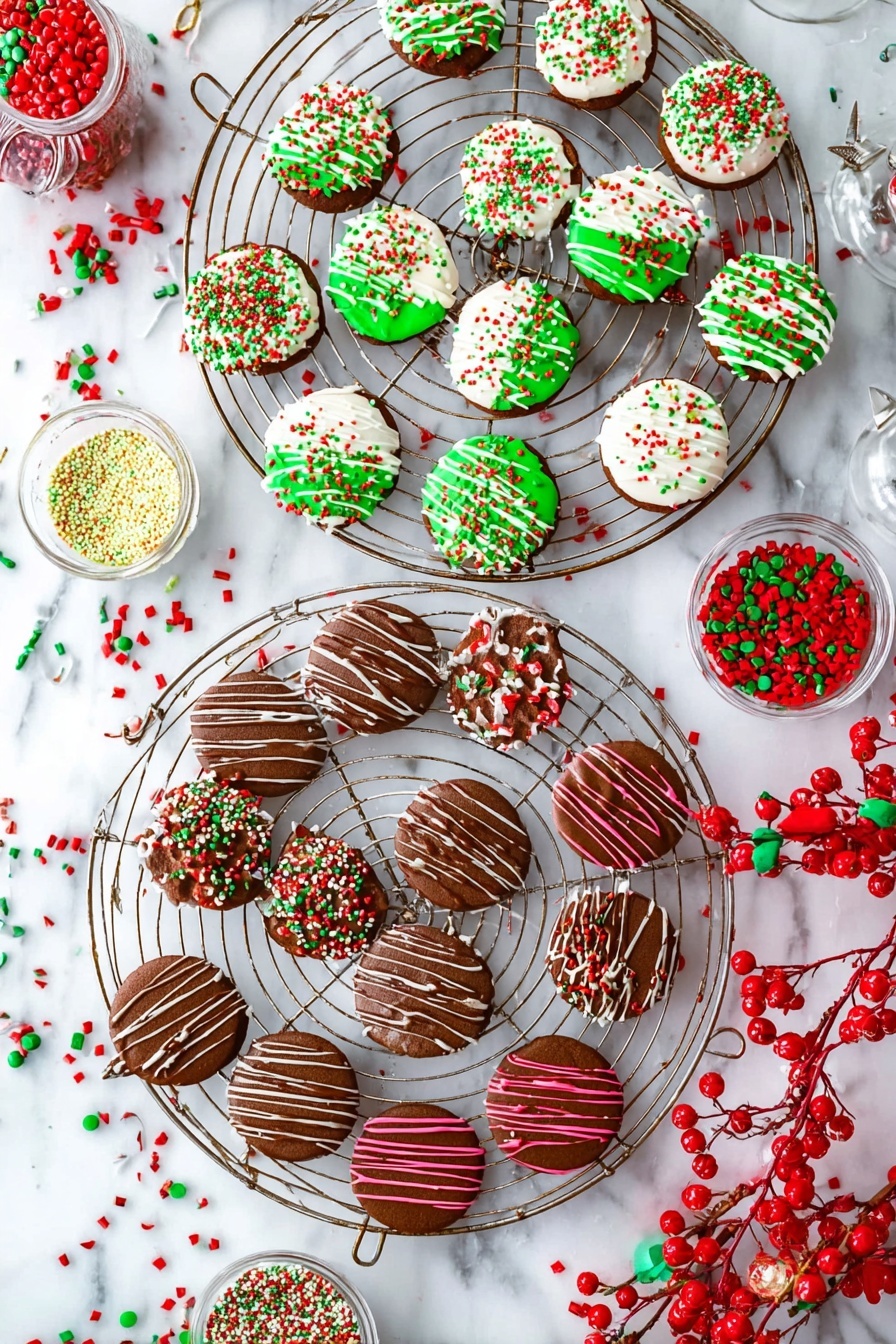 Christmas Chocolate Covered Oreos, festive holiday cookies, chocolate dipped Oreos, holiday treat ideas, Christmas desserts - The image shows two round cooling racks on a white marbled surface, each filled with small round chocolate cookies decorated for Christmas. The cookies on the top rack are half dipped in white or green icing with colorful sprinkles in red, green, and white, and drizzled with thin lines of icing. The cookies on the bottom rack are covered with chocolate icing and topped with various sprinkles in festive colors like red, green, and white. Some have small red and green candy pieces, while others have thin pink icing stripes. Around the racks, there are small bowls filled with red and green sprinkles and candy, along with light bulbs filled with colorful decorations and red berry garlands. photo taken with an iphone --ar 2:3 --v 7