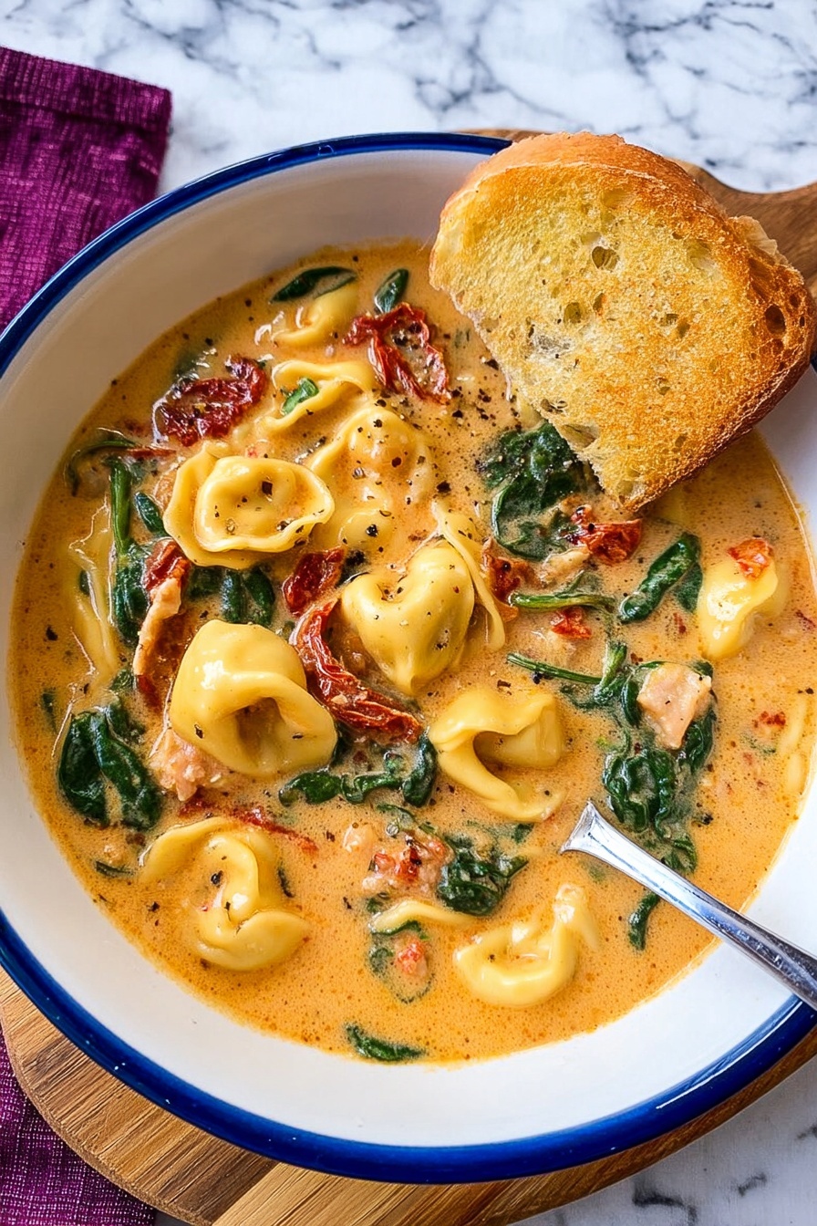 Creamy Tuscan Chicken Soup, Tuscan chicken soup, Italian chicken soup, comforting chicken soup, easy creamy chicken soup - A white bowl with a blue rim contains creamy orange soup filled with tortellini pasta, green spinach leaves, red sun-dried tomatoes, and chunks of white meat. A slice of golden toasted bread stands resting inside the bowl, partially dipped into the soup. A silver spoon is placed inside the bowl on the right side, slightly covered by the soup. The bowl sits on a wooden board with a white marbled surface background and a purple cloth visible at the top edge of the image. Photo taken with an iphone --ar 2:3 --v 7