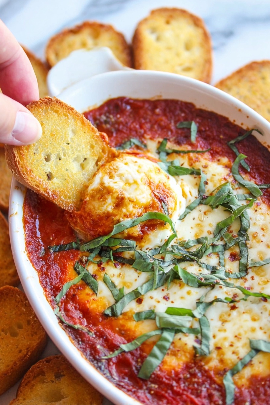 Goat Cheese Marinara Dip, cheesy appetizer, easy party dip, savory cheese dip, delicious veggie dip - A close-up image shows a white oval dish filled with a tomato sauce layer that is thick and red, topped with a baked layer of melted cheese that is golden and slightly browned. Thin strips of fresh green basil are scattered over the cheese and sauce, adding a fresh touch. A woman's hand is dipping a small, golden toasted bread slice into the sauce on the left side of the dish. The dish is placed on a white marbled surface with more toasted bread slices visible around it. photo taken with an iphone --ar 2:3 --v 7