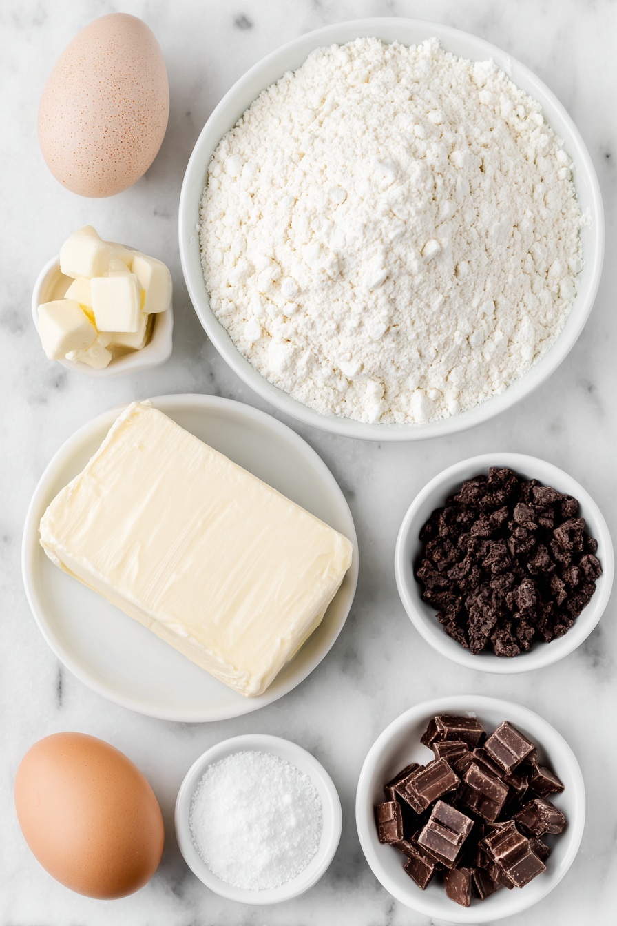 Peppermint Oreo Cookie Dough Bites, peppermint cookie treats, holiday cookie bites, peppermint dessert recipes, no-bake peppermint candies - Flat lay of a small pile of white cake mix powder on a simple white ceramic plate, a few tablespoons of soft unsalted butter slightly melting on a white ceramic dish, one large whole egg with a clean shell, a small white ceramic bowl with clear peppermint extract, another small white ceramic bowl containing pale vanilla extract, a smooth block of softened cream cheese resting on a white ceramic plate, a small white ceramic bowl filled with dark Oreo cookie chunks, a small white ceramic bowl holding shiny Andes Peppermint Crunch pieces, a small white ceramic bowl with smooth, glossy dark chocolate chips, all arranged symmetrically with balanced spacing, placed on a clean white marble surface, soft natural light, photo taken with an iPhone, professional food photography style, fresh ingredients, white ceramic bowls, no bottles, no duplicates, no utensils, no packaging --ar 2:3 --v 7 --p m7354615311229779997