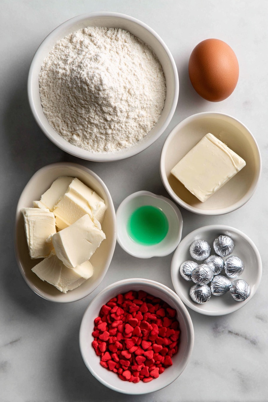 Grinch Cookie Cups with Hershey’s Kisses, festive holiday treats, green chocolate cookie cups, easy Christmas desserts, chocolate Hershey’s Kiss cookies - Flat lay of a small mound of pale off-white sugar cookie mix, a small white ceramic bowl filled with fine all-purpose flour, a whole large brown egg, a small white ceramic bowl holding soft unsalted butter at room temperature, a tiny dollop of vivid green gel food coloring on a white ceramic dish, a neat pile of shiny silver Hershey’s Kisses, and a small white ceramic bowl containing bright red heart-shaped candy sprinkles, all arranged in perfect symmetry on a clean white marble surface, soft natural light, photo taken with an iPhone, professional food photography style, fresh ingredients, white ceramic bowls, no bottles, no duplicates, no utensils, no packaging --ar 2:3 --v 7 --p m7354615311229779997