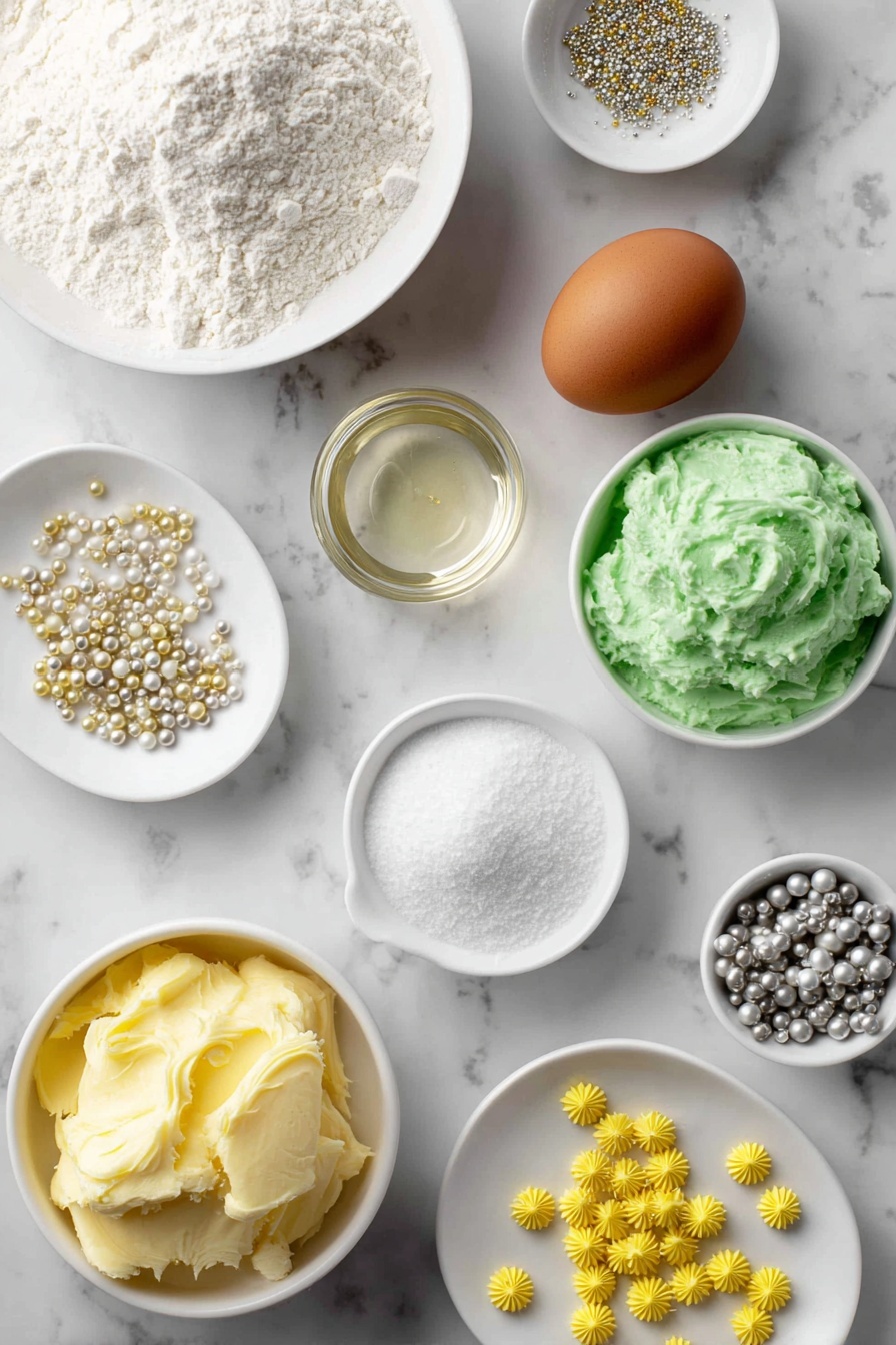 Christmas Tree Cookies with Buttercream Frosting, festive holiday cookies, DIY Christmas treats, Christmas baking ideas, buttercream frosting recipes - Flat lay of softened unsalted butter in a small white ceramic bowl, a small white bowl filled with fine white confectioners' sugar, one whole large brown egg with a clean shell, a small white bowl of clear vanilla extract, a modest mound of all-purpose flour on a white ceramic plate, a small white bowl containing fine baking soda powder, a small white bowl holding fine salt crystals, a small white bowl of smooth pale yellow buttercream frosting, a small white bowl filled with bright green buttercream frosting, a scattering of tiny yellow star sprinkles arranged neatly on a white ceramic dish, and small clusters of metallic silver and gold pearl-shaped sprinkles on another white ceramic dish, all ingredients looking fresh and natural, perfectly arranged in balanced symmetry on a clean white marble surface, soft natural light, photo taken with an iPhone, professional food photography style, fresh ingredients, white ceramic bowls, no bottles, no duplicates, no utensils, no packaging --ar 2:3 --v 7 --p m7354615311229779997