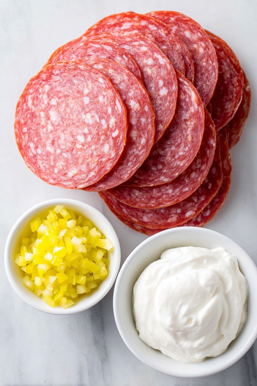 Salami Pinwheels with Cream Cheese and Peppers, easy savory appetizers, party finger foods, portable cold snacks, quick appetizer recipes - Flat lay of thin circular slices of bright red salami arranged in a neat stack, a small mound of smooth white cream cheese in a simple white ceramic bowl, a small white bowl filled with finely chopped vibrant yellow banana peppers, all placed symmetrically with balanced spacing, against a clean white marble surface, soft natural light, photo taken with an iPhone, professional food photography style, fresh ingredients, white ceramic bowls, no bottles, no duplicates, no utensils, no packaging --ar 2:3 --v 7 --p m7354615311229779997
