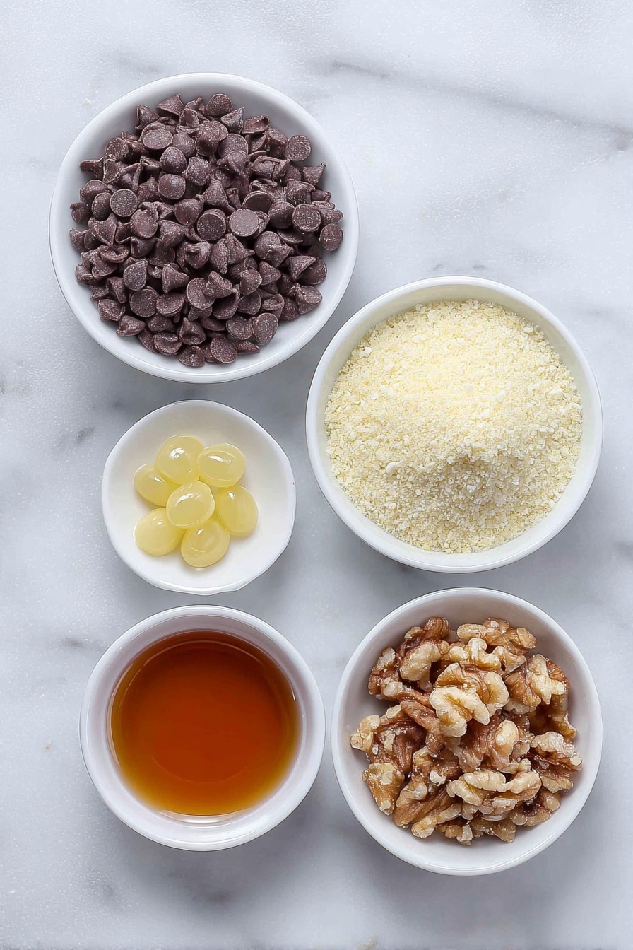 Quick Bourbon Balls, Bourbon Balls recipe, no-bake bourbon treats, holiday bourbon sweets, easy chocolate bourbon balls - Flat lay of a small pile of semisweet chocolate chips, a few golden honey drops in a small white ceramic bowl, finely ground vanilla wafer crumbs in a neat mound, finely ground walnuts in a small white ceramic bowl alongside a separate small white ceramic bowl with more ground walnuts for rolling, and a small white ceramic bowl with amber bourbon whiskey, all ingredients fresh and natural, perfectly arranged with balanced spacing and symmetry, placed on a clean white marble surface, soft natural light, photo taken with an iPhone, professional food photography style, fresh ingredients, white ceramic bowls, no bottles, no duplicates, no utensils, no packaging --ar 2:3 --v 7 --p m7354615311229779997