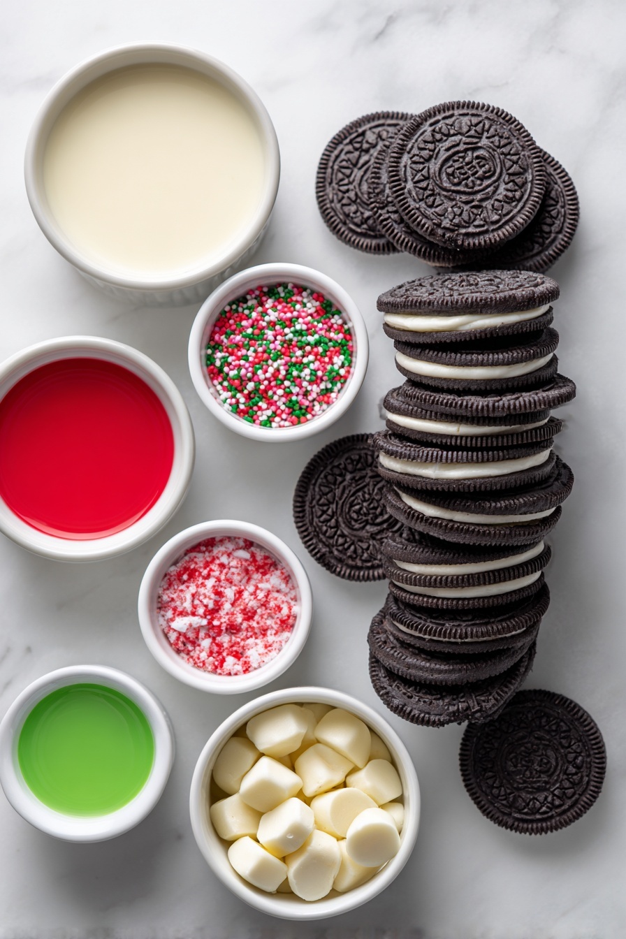 Christmas Chocolate Covered Oreos, festive holiday cookies, chocolate dipped Oreos, holiday treat ideas, Christmas desserts - Flat lay of a stack of fresh black and white Oreo cookies, a few loose around the stack; a small white ceramic bowl filled with smooth milk chocolate melting wafers; a small white ceramic bowl filled with creamy white chocolate melting wafers; a small white ceramic bowl of assorted colorful Christmas sprinkles; a small white ceramic bowl containing vibrant red food coloring liquid; a small white ceramic bowl containing vibrant green food coloring liquid, all ingredients arranged symmetrically in realistic proportions, placed on a clean white marble surface, soft natural light, photo taken with an iPhone, professional food photography style, fresh ingredients, white ceramic bowls, no bottles, no duplicates, no utensils, no packaging --ar 2:3 --v 7 --p m7354615311229779997
