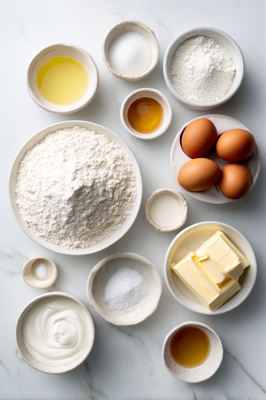 Vanilla Cake, Vanilla Cake Recipe, Easy Vanilla Cake, Moist Vanilla Cake, Tender Vanilla Cake - Flat lay of a small mound of white all-purpose flour, a small white ceramic bowl filled with fine white cornstarch, a small white ceramic bowl with white granulated sugar, a small white ceramic bowl holding pale yellow vegetable oil, a small white ceramic bowl containing thick white buttermilk, three whole brown eggs with clean shells, a small white ceramic bowl with golden unsalted butter, a small white ceramic bowl of powdered sugar, a small white ceramic bowl with milky cream, a small white ceramic bowl with clear white vinegar, a small white ceramic bowl with light amber vanilla extract, and a small pinch of fine white baking powder and baking soda arranged neatly on a clean white marble surface, soft natural light, photo taken with an iPhone, professional food photography style, fresh ingredients, white ceramic bowls, no bottles, no duplicates, no utensils, no packaging --ar 2:3 --v 7 --p m7354615311229779997