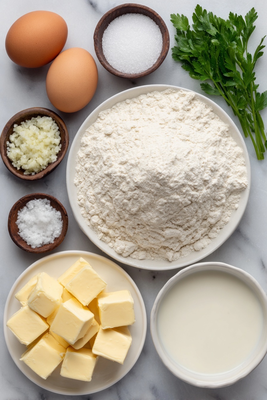 Garlic Bread Rolls, garlic bread recipe, fluffy garlic rolls, easy garlic bread, homemade garlic bread - Flat lay of a small mound of all-purpose flour on a simple white ceramic plate, a few sprigs of fresh chopped parsley on a white ceramic dish, a small white ceramic bowl filled with granulated sugar, a small white ceramic bowl of instant yeast powder, a small white ceramic bowl with fine sea salt, a small white ceramic bowl containing warmed whole milk, one large uncracked brown egg, a small white ceramic bowl of unsalted butter cubes, a small white ceramic bowl of minced fresh garlic, a small white ceramic bowl with flaky sea salt, all elements arranged with perfect symmetry and balanced proportions, placed on a clean white marble surface, soft natural light, photo taken with an iPhone, professional food photography style, fresh ingredients, white ceramic bowls, no bottles, no duplicates, no utensils, no packaging --ar 2:3 --v 7 --p m7354615311229779997