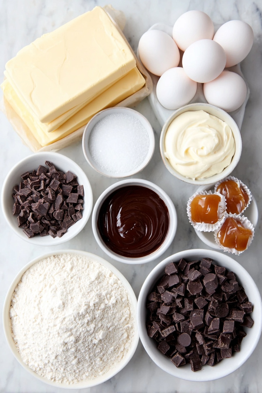 Chocolate Hazelnut Caramel Brownie Cookies, chocolate hazelnut cookie recipes, caramel brownie cookies, gooey brownie cookie desserts, indulgent chocolate hazelnut treats - Flat lay of a small slab of unsalted butter, a handful of chopped bittersweet chocolate chunks, a small pile of chopped dark chocolate pieces, three large whole eggs with clean shells, a small white bowl filled with granulated sugar, a small white bowl holding vanilla extract, a dollop of softened cream cheese, a neat mound of all-purpose flour, a small heap of dark chocolate cocoa powder, a pinch of baking powder, a pinch of salt, a small white bowl with rich chocolate hazelnut spread, a cluster of milk chocolate covered caramel candies, a small white bowl containing mixed granulated sugar and flaky sea salt, and a small white bowl with deep red pomegranate juice, all arranged symmetrically and naturally fresh on simple white ceramic dishes, placed on a clean white marble surface, soft natural light, photo taken with an iPhone, professional food photography style, fresh ingredients, white ceramic bowls, no bottles, no duplicates, no utensils, no packaging --ar 2:3 --v 7 --p m7354615311229779997