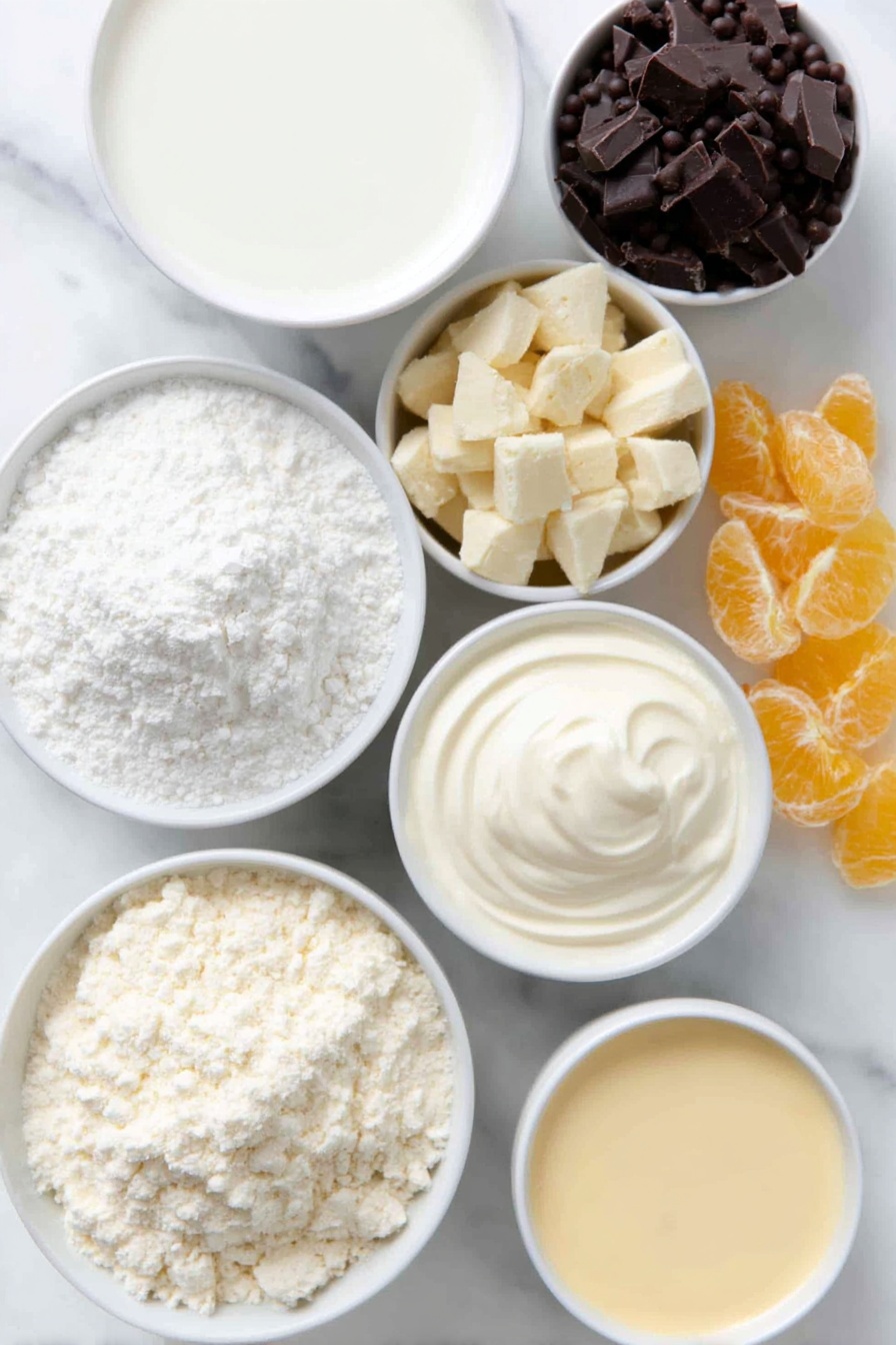 White Chocolate Panna Cotta with Orange Chocolate Sauce, panna cotta dessert, easy elegant dessert, creamy white chocolate panna cotta, citrus chocolate sauce - Flat lay of a small white ceramic bowl of powdered unflavored gelatin, a small white ceramic bowl with cold half and half, a small white ceramic bowl with whole milk, a small white ceramic bowl of heavy whipping cream, a small white ceramic bowl with white chocolate morsels, a small white ceramic bowl of granulated sugar, a small white ceramic bowl with finely chopped orange dark chocolate bar, a small white ceramic bowl filled with smooth heavy cream, a small white ceramic bowl containing orange liqueur, a small white ceramic bowl with shiny dark chocolate beads, and several pieces of bright candied orange peel, all ingredients fresh and natural, placed on a clean white marble surface, soft natural light, photo taken with an iPhone, professional food photography style, fresh ingredients, white ceramic bowls, no bottles, no duplicates, no utensils, no packaging --ar 2:3 --v 7 --p m7354615311229779997