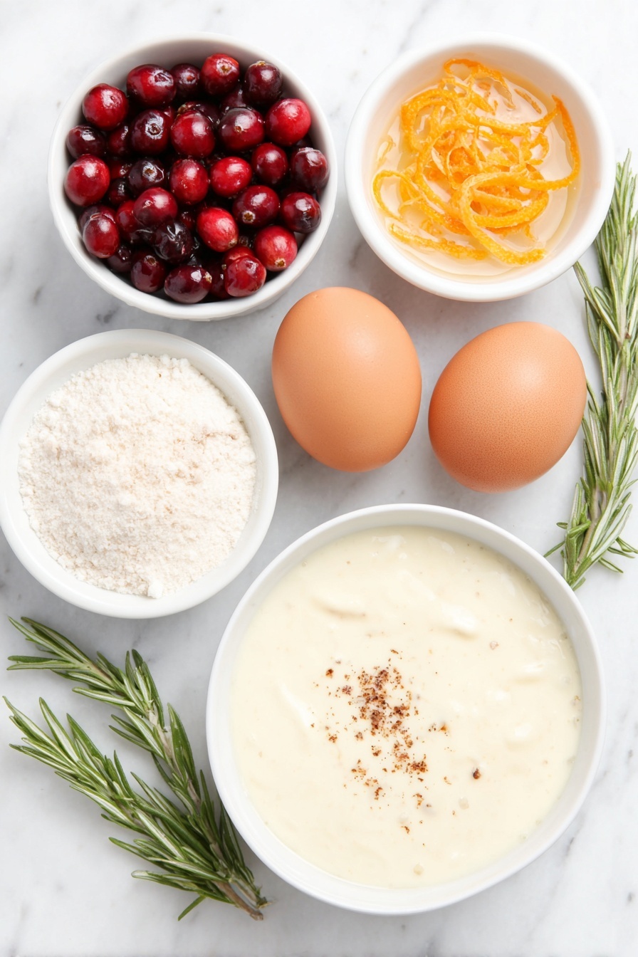 Eggnog Panna Cotta with Spiked Cranberry Sauce, festive holiday dessert recipes, creamy eggnog panna cotta, boozy cranberry sauce, holiday dessert ideas - Flat lay of a small white ceramic bowl of cold water, a small white ceramic bowl with a sprinkle of powdered gelatin on its surface, two brown eggs with clean shells, a small white ceramic bowl filled with creamy eggnog liquid, fresh bright red cranberries scattered loosely, a small white ceramic bowl of granulated sugar, vibrant orange zest curls, a small white ceramic bowl of fresh orange juice, a small white ceramic bowl of orange liqueur, a few fresh rosemary sprigs neatly arranged, and six fresh cranberries for garnish, all placed on a clean white marble surface, soft natural light, photo taken with an iPhone, professional food photography style, fresh ingredients, white ceramic bowls, no bottles, no duplicates, no utensils, no packaging --ar 2:3 --v 7 --p m7354615311229779997