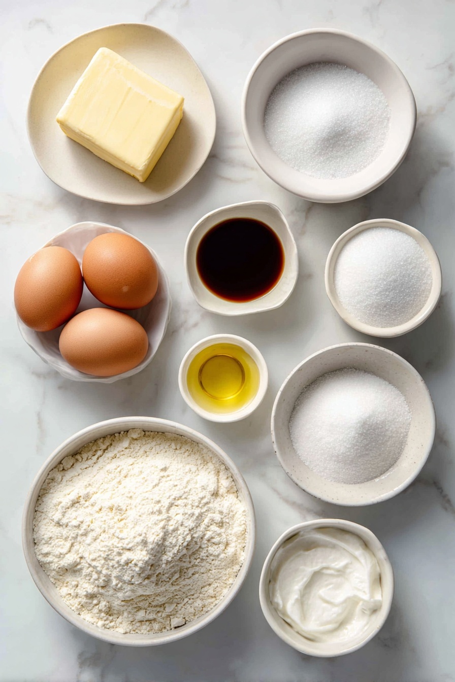 Amish Sugar Cookies, Amish Sugar Cookies Recipe, Soft Sugar Cookies, Buttery Sugar Cookies, Vanilla Sugar Cookies - Flat lay of a small square of pale yellow softened butter, a small white ceramic bowl filled with clear vegetable oil, a small white bowl heaped with white granulated sugar, a small white bowl containing fine white powdered sugar, two large whole eggs with smooth brown shells, a small white bowl of golden vanilla extract, a mound of light beige all-purpose flour on a white ceramic plate, a small white bowl with off-white baking soda powder, a small white bowl with white cream of tartar powder, all arranged symmetrically and balanced, placed on a clean white marble surface, soft natural light, photo taken with an iPhone, professional food photography style, fresh ingredients, white ceramic bowls, no bottles, no duplicates, no utensils, no packaging --ar 2:3 --v 7 --p m7354615311229779997