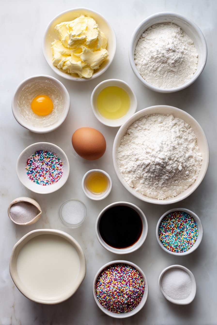 Soft Frosted Sugar Cookies, soft sugar cookies with frosting, easy sugar cookie recipe, homemade frosted sugar cookies, tender sugar cookies with frosting - Flat lay of a small white ceramic bowl of softened unsalted butter, a small bowl of granulated sugar, a small bowl of powdered sugar, one whole clean brown egg, a small bowl of vegetable oil, a small bowl of vanilla extract, a small bowl of almond extract, a neat pile of all-purpose flour, a small mound of cornstarch, a small pile of baking powder, a small heap of salt, a small white bowl of milk, and a neat pile of colorful sprinkles, all arranged symmetrically on a clean white marble surface, soft natural light, photo taken with an iPhone, professional food photography style, fresh ingredients, white ceramic bowls, no bottles, no duplicates, no utensils, no packaging --ar 2:3 --v 7 --p m7354615311229779997