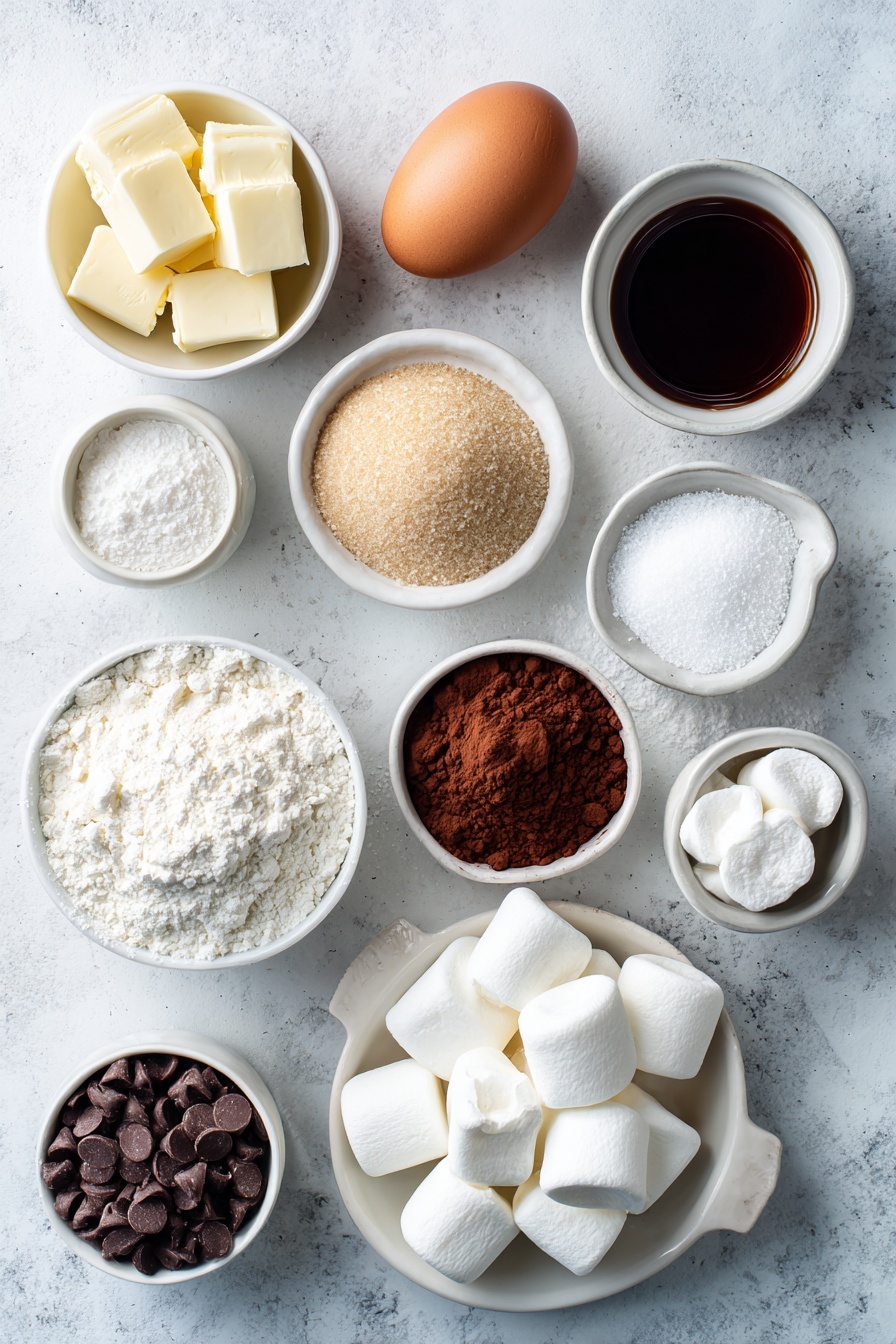 Hot Chocolate Cookies with Marshmallows, hot chocolate cookies, chocolate marshmallow cookies, cozy cookie recipes, melt-in-the-mouth cookies - Flat lay of a small pile of unsalted butter cubes, a mound of soft light brown sugar, a small heap of granulated sugar, one large whole uncracked brown egg, a small white ceramic bowl of pure vanilla extract, a small white ceramic bowl of unsweetened cocoa powder, a small white ceramic bowl of all purpose flour, a small white ceramic bowl of baking soda, a small white ceramic bowl of salt, a small white ceramic bowl of cornstarch, a small pile of semi-sweet chocolate chips, and several cut halves of fresh white marshmallows, all arranged symmetrically on a clean white marble surface, soft natural light, photo taken with an iPhone, professional food photography style, fresh ingredients, white ceramic bowls, no bottles, no duplicates, no utensils, no packaging --ar 2:3 --v 7 --p m7354615311229779997