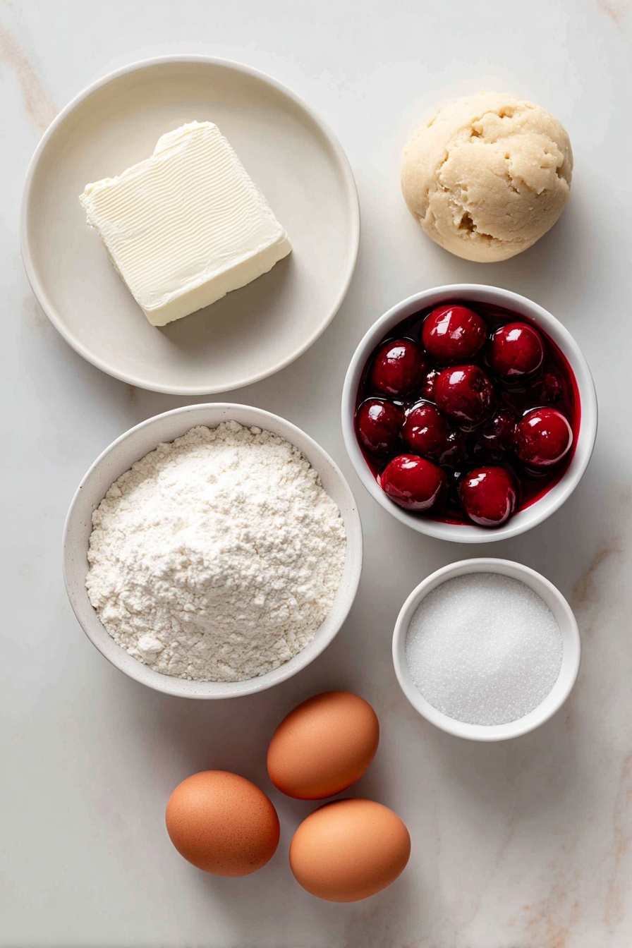Cherry Cheesecake Cookies, easy cherry cheesecake cookies, cherry cheesecake dessert, no-bake cherry cookies, cherry cheesecake sweet treats - Flat lay of a block of fresh cream cheese, a small mound of all-purpose flour on a white ceramic plate, a ball of pale beige refrigerated sugar cookie dough, a small white bowl filled with bright red cherry pie filling with whole cherries visible, a small white bowl containing granulated sugar crystals, two whole brown eggs with clean shells placed near the center, all arranged in perfect symmetry on a simple white ceramic surface, placed on a clean white marble surface, soft natural light, photo taken with an iPhone, professional food photography style, fresh ingredients, white ceramic bowls, no bottles, no duplicates, no utensils, no packaging --ar 2:3 --v 7 --p m7354615311229779997