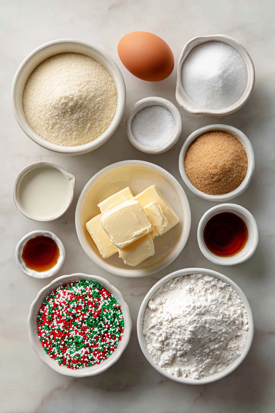 No-Roll Christmas Sprinkle Cookies, Christmas Sprinkle Cookies, No-Roll Holiday Cookies, Easy Christmas Cookies, Festive Cookie Recipes - Flat lay of a small mound of unsalted butter, a small white ceramic bowl of granulated sugar, a small white ceramic bowl of packed light brown sugar, one large uncracked brown egg, a small white ceramic bowl of cream, a small white ceramic bowl of clear imitation vanilla extract, a small white ceramic bowl of all-purpose flour, a small white ceramic bowl of cornstarch, a small white ceramic bowl of baking soda, a small white ceramic bowl of salt, a small white ceramic bowl filled with red, green, and white jimmies sprinkles, all arranged symmetrically on a clean white marble surface, soft natural light, photo taken with an iPhone, professional food photography style, fresh ingredients, white ceramic bowls, no bottles, no duplicates, no utensils, no packaging --ar 2:3 --v 7 --p m7354615311229779997