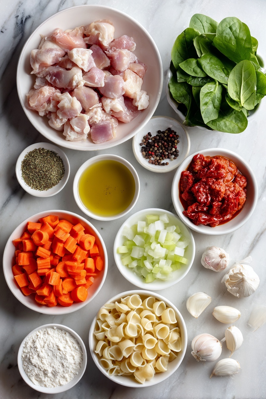 Creamy Tuscan Chicken Soup, Tuscan chicken soup, Italian chicken soup, comforting chicken soup, easy creamy chicken soup - Flat lay of a small white ceramic bowl of golden olive oil, a pile of fresh boneless, skinless chicken thighs cut into chunks, a small white bowl filled with mixed Italian seasoning herbs, a small mound of coarse sea salt, a small heap of black peppercorns, a simple white plate with diced bright orange carrots, diced pale green celery sticks, diced white onions, and diced deep red sundried tomatoes arranged neatly, three whole uncracked garlic cloves with clean white skins, a small white bowl containing fine white flour, a small white bowl with rich red tomato paste, a simple white bowl showing golden chicken broth, a small white dish heaped with uncooked Italian small shell pasta, a small white bowl of thick heavy whipping cream, a white plate sprinkled with grated parmesan reggiano cheese, and a handful of vibrant fresh green spinach leaves, all placed on a clean white marble surface, soft natural light, photo taken with an iPhone, professional food photography style, fresh ingredients, white ceramic bowls, no bottles, no duplicates, no utensils, no packaging --ar 2:3 --v 7 --p m7354615311229779997