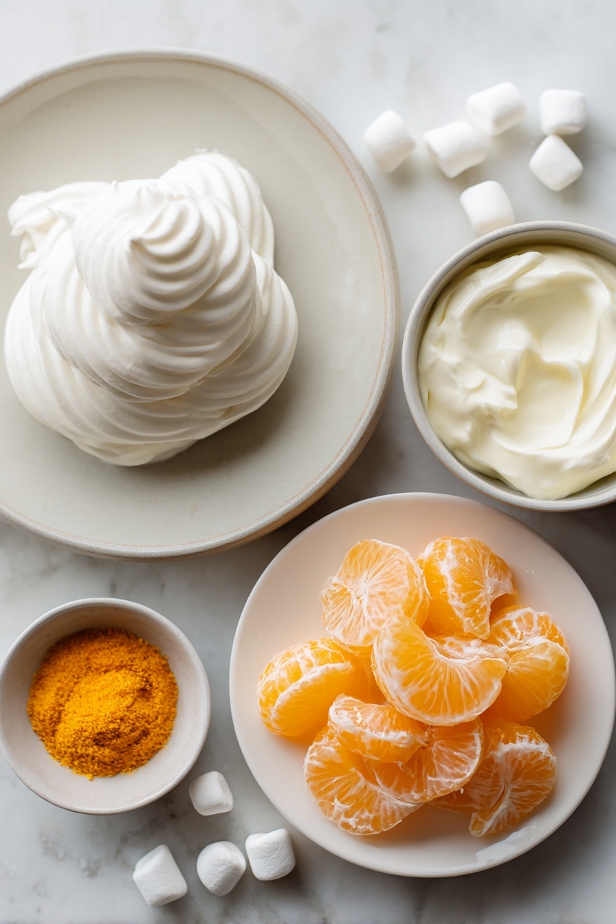 Mandarin Orange Salad with Marshmallows, easy fruit salad recipe, nostalgic summer salad, no-bake citrus salad, family favorite dessert salad - Flat lay of a small mound of smooth, fluffy thawed Cool Whip on a simple white ceramic plate, a dollop of thick creamy sour cream in a small white bowl, a small mound of bright orange powdery orange-flavored gelatin on a white ceramic plate, a neat pile of glossy, plump mandarin orange segments without juice on a white ceramic dish, and a handful of small, soft white mini marshmallows scattered gently beside the other ingredients, all arranged symmetrically and naturally placed on a clean white marble surface, soft natural light, photo taken with an iPhone, professional food photography style, fresh ingredients, white ceramic bowls, no bottles, no duplicates, no utensils, no packaging --ar 2:3 --v 7 --p m7354615311229779997