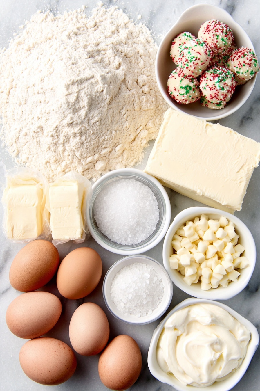 Sugar Cookie Cheesecake, festive cheesecake recipes, easy holiday desserts, no-bake cheesecake with sprinkles, buttery cookie crust cheesecake - Flat lay of a small mound of all-purpose flour, a small heap of fine white granulated sugar, a smooth stick of unsalted butter, a few Christmas jimmie sprinkles in vibrant red, green, and white colors, a handful of tiny round cookie dough balls speckled with sprinkles, whole large brown eggs with clean shells, a block of creamy white cream cheese, a small white ceramic bowl of sour cream, a smaller white ceramic bowl of heavy cream, a small white ceramic bowl of pure vanilla extract, a small white ceramic bowl of white chocolate chips, a small white ceramic bowl of milk, a small white ceramic bowl of baking soda, a tiny pile of salt crystals placed next to each other, all arranged neatly and symmetrically on a clean white marble surface, soft natural light, photo taken with an iPhone, professional food photography style, fresh ingredients, white ceramic bowls, no bottles, no duplicates, no utensils, no packaging --ar 2:3 --v 7 --p m7354615311229779997