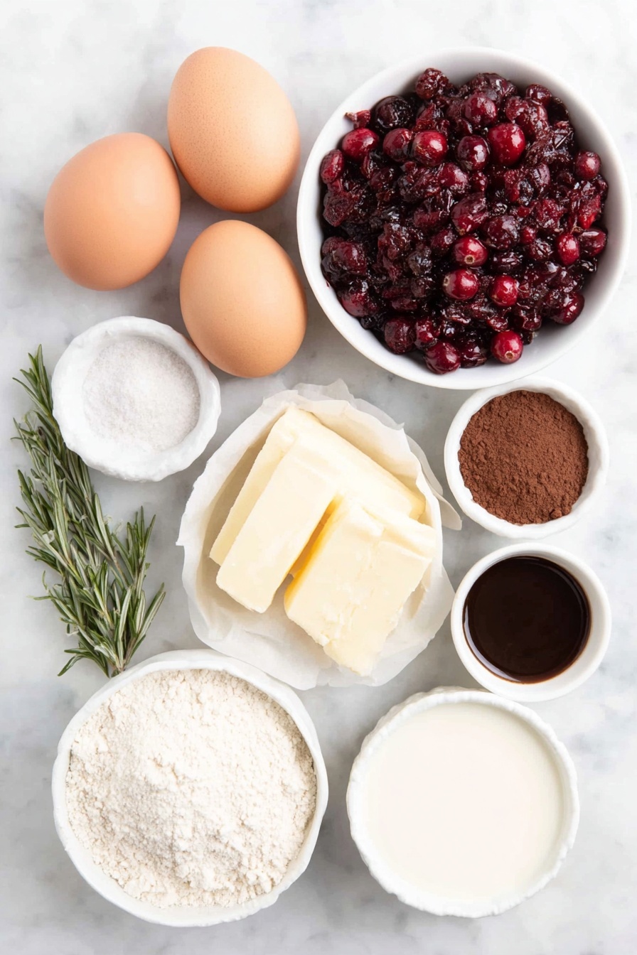 Festive Chocolate Yule Log, Christmas Yule Log, Holiday Chocolate Cake, Festive Roll Cake, Chocolate Dessert for Holidays - Flat lay of four large brown eggs with clean shells, a small white ceramic bowl of granulated sugar, a small white bowl of all-purpose flour, a small white bowl of rich brown cocoa powder, a small white bowl of baking powder, a small white bowl of salt, a small white bowl of vanilla extract, a small white bowl of heavy cream, a small white bowl of powdered sugar, a small white bowl of softened unsalted butter, a small white bowl of milk or cream, fresh bright red cranberries scattered naturally, a few fresh green rosemary sprigs, and delicate edible mushrooms arranged neatly, placed on a clean white marble surface, soft natural light, photo taken with an iPhone, professional food photography style, fresh ingredients, white ceramic bowls, no bottles, no duplicates, no utensils, no packaging --ar 2:3 --v 7 --p m7354615311229779997