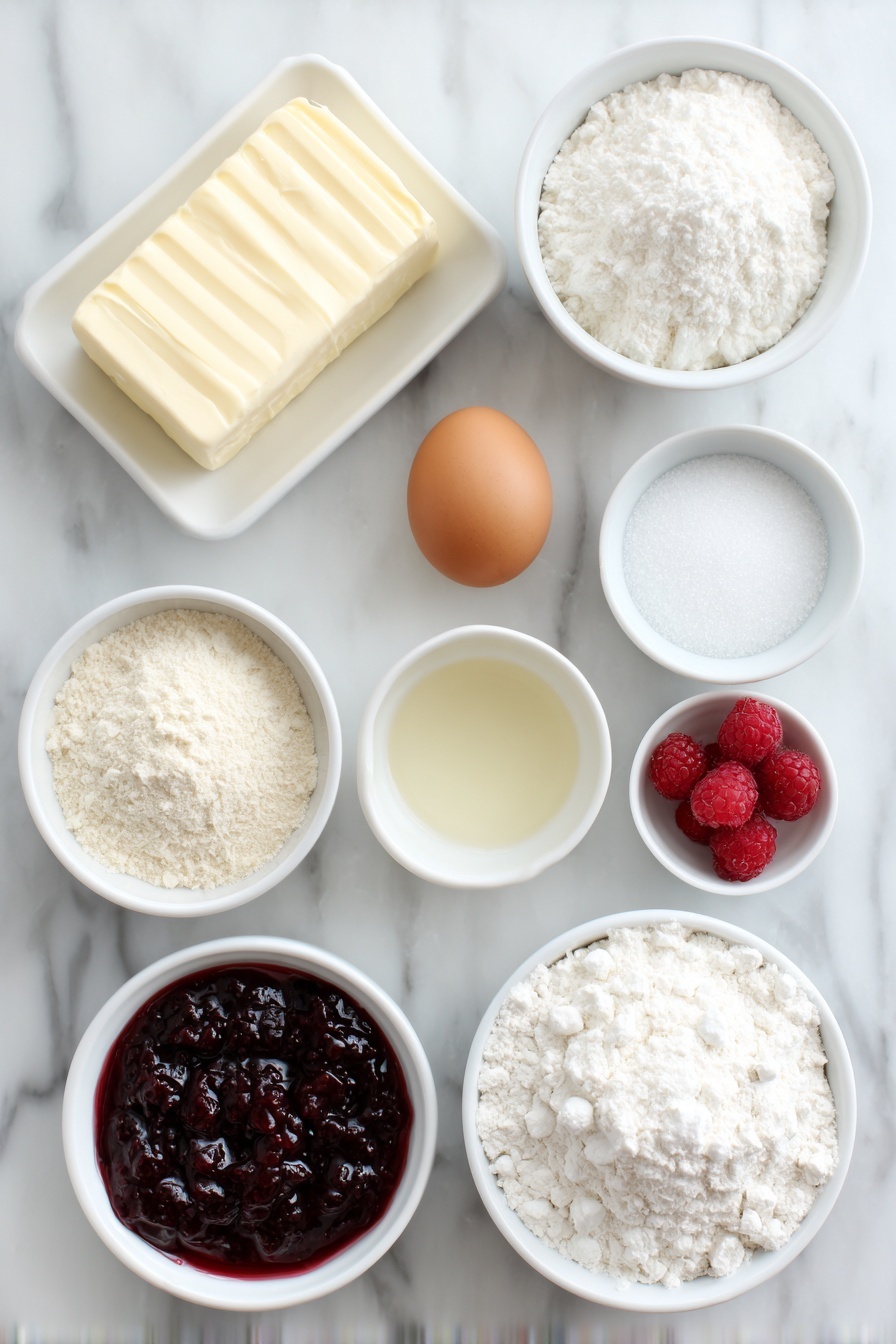 Raspberry Linzer Cookies, raspberry jam sandwich cookies, buttery almond cookies, holiday cookie ideas, seasonal dessert recipes - Flat lay of a small block of unsalted butter, a small mound of granulated sugar, one whole uncracked brown egg, a small white bowl of pale almond extract, a small white bowl of clear vanilla extract, a small white bowl of all-purpose flour, a small white bowl of superfine almond meal, a small white bowl of cornstarch, a pinch of fine salt displayed as loose grains, a small white bowl filled with vibrant red raspberry jam, and a small white bowl dusted with fine powdered sugar, all arranged symmetrically on a clean white marble surface, soft natural light, photo taken with an iPhone, professional food photography style, fresh ingredients, white ceramic bowls, no bottles, no duplicates, no utensils, no packaging --ar 2:3 --v 7 --p m7354615311229779997