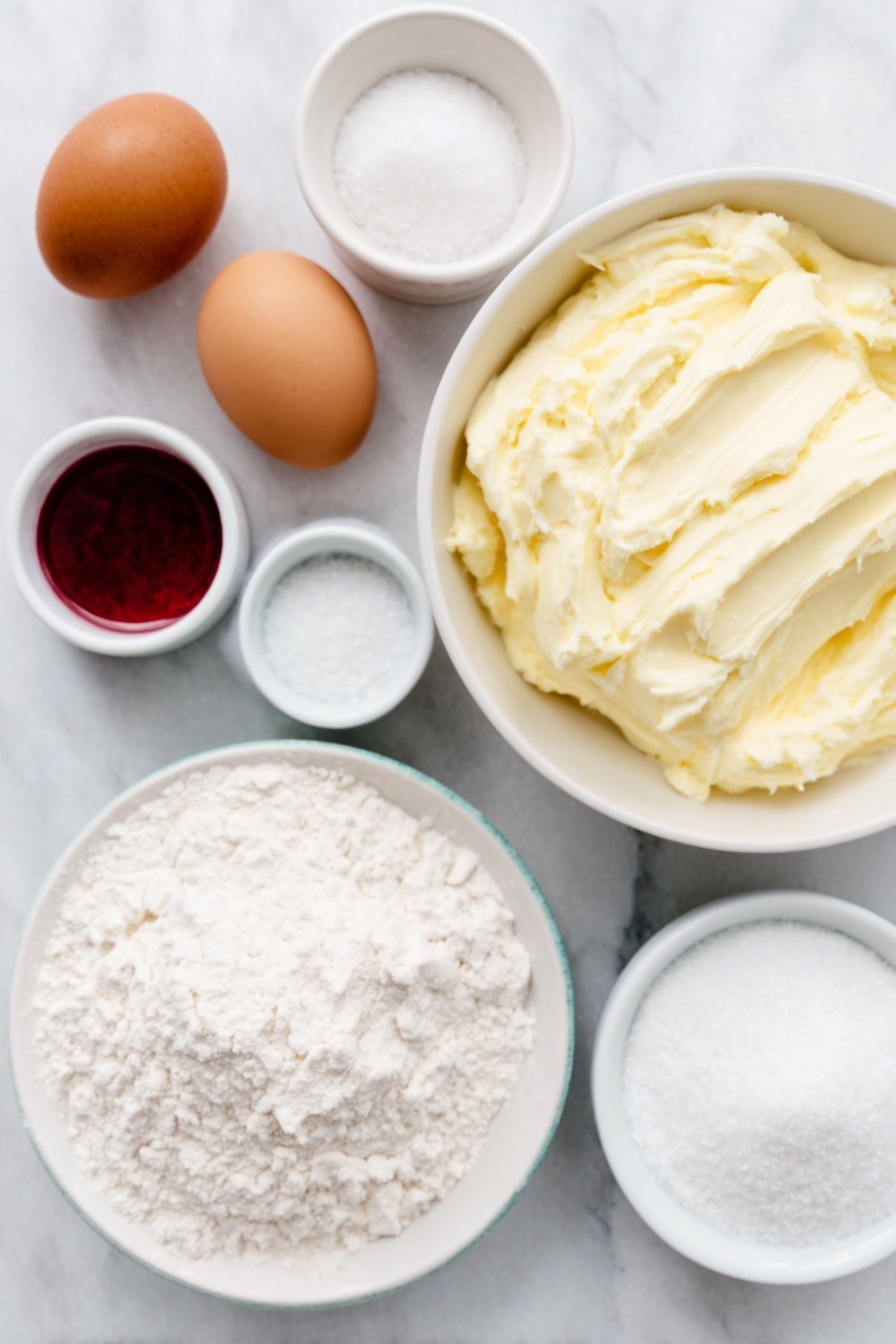 Peppermint Swirl Sugar Cookies, festive holiday cookies, peppermint sugar cookies, swirl sugar cookie recipe, easy Christmas cookies - Flat lay of a large white ceramic bowl filled with pale yellow unsalted butter, a small white ceramic bowl of granulated sugar, two whole brown eggs with clean shells, a small white ceramic bowl of white all-purpose flour, a small white ceramic bowl of fine white cornstarch, a small white ceramic bowl of fine salt crystals, a small white ceramic bowl of white baking soda powder, a small white ceramic bowl containing bright red gel food coloring, and a small white ceramic bowl filled with white sanding sugar, all ingredients fresh and natural, perfectly arranged with balanced layout and symmetry placed on a clean white marble surface, soft natural light, photo taken with an iPhone, professional food photography style, fresh ingredients, white ceramic bowls, no bottles, no duplicates, no utensils, no packaging --ar 2:3 --v 7 --p m7354615311229779997