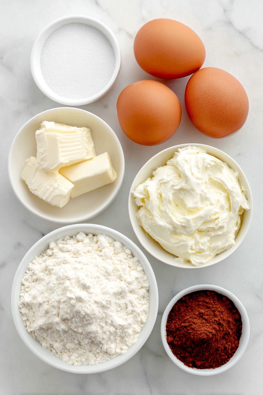 Red Velvet Macarons with Cream Cheese Frosting, Red Velvet Macaron Recipe, Homemade Red Velvet Macarons, Easy Macaron Filling, Elegant Dessert for Parties - Flat lay of four large whole uncracked brown eggs with clean shells, a small white ceramic bowl filled with fine white granulated sugar, a small white ceramic bowl holding superfine blanched almond flour, a small white ceramic bowl with sifted unsweetened cocoa powder, a small white ceramic bowl with bright red gel food coloring, a small white ceramic bowl of smooth cream cheese at room temperature, a small white ceramic bowl of powdered sugar, a small white ceramic bowl containing clear vanilla extract, and a small white ceramic bowl with fine salt, all arranged in perfect symmetry on a clean white marble surface, soft natural light, photo taken with an iPhone, professional food photography style, fresh ingredients, white ceramic bowls, no bottles, no duplicates, no utensils, no packaging --ar 2:3 --v 7 --p m7354615311229779997