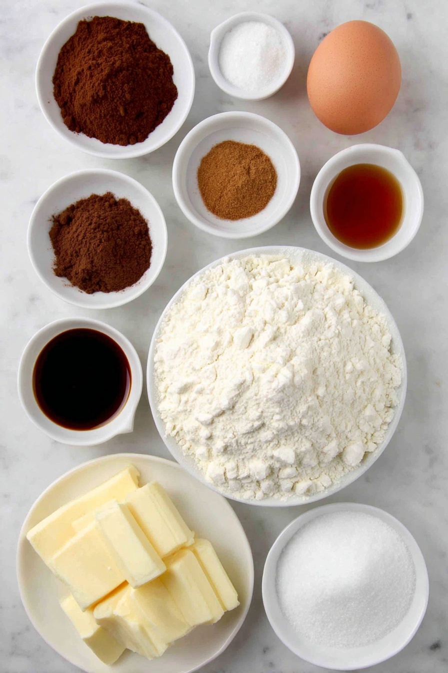 Gingerbread Cookies, gingerbread cookies recipe, holiday cookie ideas, spiced cookies, easy gingerbread treats - Flat lay of a small mound of all purpose flour on a simple white ceramic plate, a small white bowl with ground ginger powder, a small white bowl with ground cinnamon powder, a small white bowl with ground cloves powder, a small white bowl with ground nutmeg powder, a small white bowl with ground allspice powder, a small white bowl with baking soda powder, a small white bowl with salt crystals, a few slices of unsalted butter at room temperature arranged neatly on a white ceramic dish, a small white bowl filled with dark brown sugar, a small white bowl with vanilla extract, a small white bowl with rich amber unsulphured molasses, one large whole uncracked egg with a clean shell placed beside the bowls, all ingredients evenly spaced and symmetrically arranged, placed on a clean white marble surface, soft natural light, photo taken with an iPhone, professional food photography style, fresh ingredients, white ceramic bowls, no bottles, no duplicates, no utensils, no packaging --ar 2:3 --v 7 --p m7354615311229779997