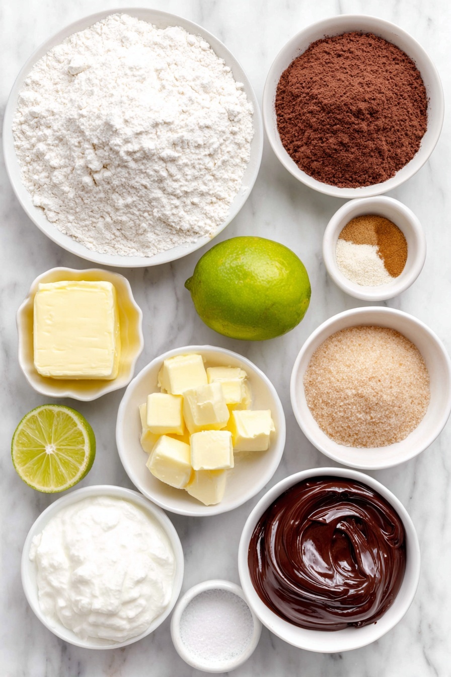 Gingerbread Yule Log Cookies, holiday gingerbread cookies, festive rolled gingerbread, Nutella-filled holiday cookies, Christmas gingerbread treats - Flat lay of a small heap of natural all-purpose flour in a small white ceramic bowl, a tiny white bowl with ground cinnamon powder, a small white bowl with ground ginger powder, a pinch of salt in a white ceramic dish, a small white bowl of baking powder, a small white bowl filled with golden light corn syrup, a small white bowl with packed light brown sugar, a small white bowl holding soft pale margarine, a whole fresh bright green lime, a small white bowl of smooth white cream cheese, a small white bowl with glossy dark hazelnut chocolate spread (Nutella), and a small white bowl of fine powdered sugar, all arranged symmetrically and balanced on a clean white marble surface, soft natural light, photo taken with an iPhone, professional food photography style, fresh ingredients, white ceramic bowls, no bottles, no duplicates, no utensils, no packaging --ar 2:3 --v 7 --p m7354615311229779997