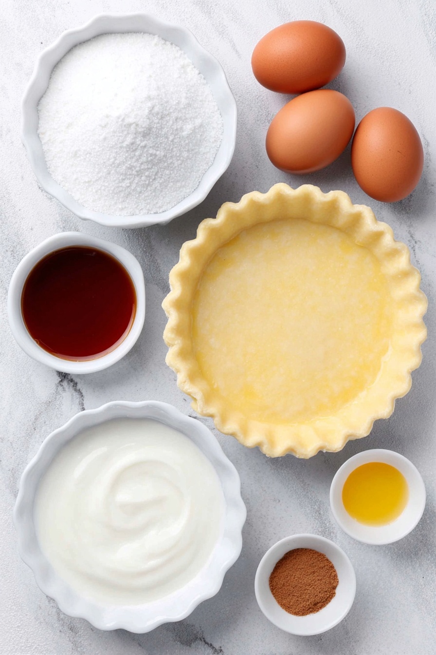 Egg Custard Pie, Egg Custard Pie Recipe, Classic Custard Pie, Easy Egg Pie, Nutmeg Custard Dessert - Flat lay of three whole brown eggs with clean shells, a small white ceramic bowl of granulated sugar, a small white bowl with fine salt, a small white bowl of golden vanilla extract, a single unbaked pie shell in a simple white ceramic dish, a small white bowl of scalded milk with steam rising gently, and a small white bowl filled with freshly grated nutmeg, all arranged symmetrically and balanced on a clean white marble surface, soft natural light, photo taken with an iPhone, professional food photography style, fresh ingredients, white ceramic bowls, no bottles, no duplicates, no utensils, no packaging --ar 2:3 --v 7 --p m7354615311229779997