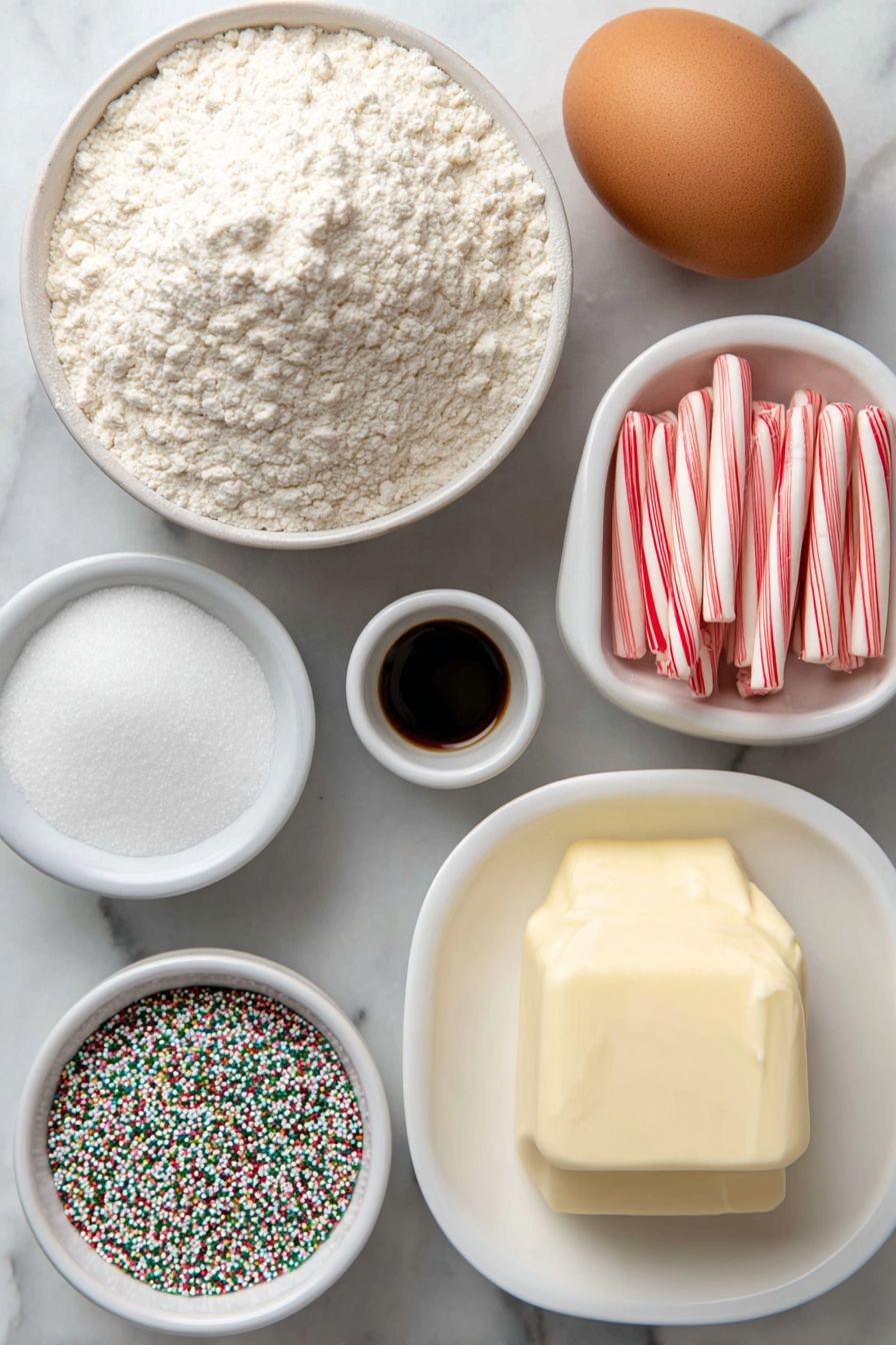 Candy Cane Kiss Cookies, peppermint sugar cookies, holiday cookie recipes, Christmas cookies, festive sugar cookies - Flat lay of a small heap of all-purpose flour on a simple white ceramic plate, a small white bowl of granulated sugar, a small white bowl of baking powder powder, a small white bowl of salt, a few tablespoons of softened unsalted butter shaped into a smooth mound on a white ceramic dish, one large whole uncracked brown egg, a small white bowl of clear vanilla extract, a small white bowl of clear peppermint extract, a generous pile of colorful nonpareil sprinkles on a white ceramic plate, and a neat cluster of unwrapped red-and-white striped candy cane Hershey’s Kisses arranged symmetrically on a simple white ceramic dish, all placed on a clean white marble surface, soft natural light, photo taken with an iPhone, professional food photography style, fresh ingredients, white ceramic bowls, no bottles, no duplicates, no utensils, no packaging --ar 2:3 --v 7 --p m7354615311229779997