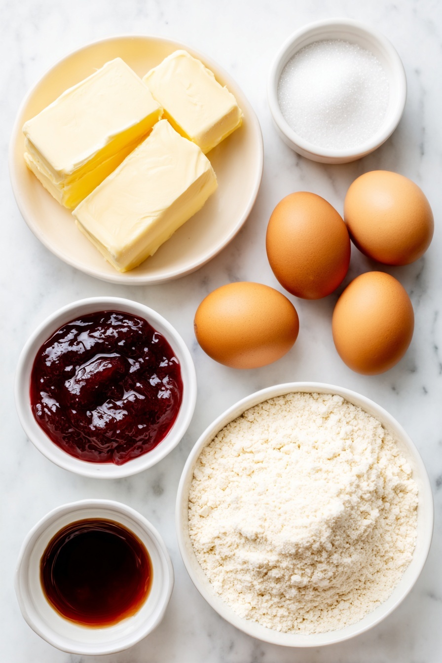 Thumbprint Cookies with Jam, jam thumbprint cookies, homemade thumbprint cookies, buttery jam cookies, easy thumbprint cookie recipe - Flat lay of a small pile of soft unsalted butter, a small white bowl filled with granulated sugar, two whole brown eggs with clean shells, a small white bowl of pure vanilla extract, a few grains of salt scattered beside a mound of all-purpose flour, and a small white bowl with bright red strawberry jam, all arranged in perfect symmetry on a clean white ceramic surface, placed on a clean white marble surface, soft natural light, photo taken with an iPhone, professional food photography style, fresh ingredients, white ceramic bowls, no bottles, no duplicates, no utensils, no packaging --ar 2:3 --v 7 --p m7354615311229779997