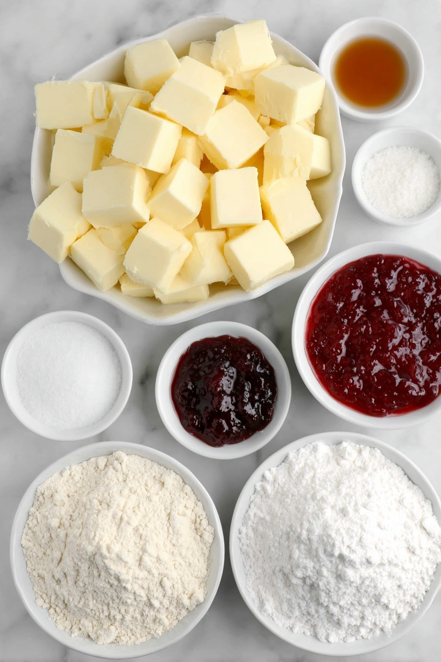 Raspberry Crumble Cookies, raspberry crumble dessert, raspberry cookie recipe, fruit crumble cookies, easy raspberry cookies - Flat lay of a small heap of all purpose flour, chilled unsalted butter cut into small cubes, a small white bowl of granulated sugar, a small white bowl of pure vanilla extract, a small white bowl of almond extract, a small white bowl of salt, a small white bowl of vibrant red raspberry jam, and a small neat pile of powdered sugar placed on a clean white marble surface, soft natural light, photo taken with an iPhone, professional food photography style, fresh ingredients, white ceramic bowls, no bottles, no duplicates, no utensils, no packaging --ar 2:3 --v 7 --p m7354615311229779997