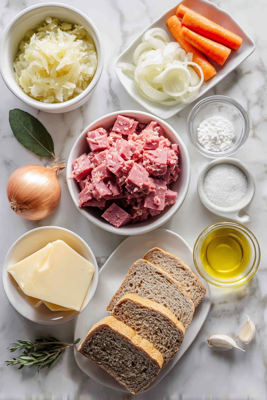 Reuben Soup with Swiss Cheese, Reuben Soup recipe, corned beef soup, sauerkraut soup, cheesy deli-inspired soup - Flat lay of a diced pile of lean cooked corned beef, a small white bowl of sauerkraut, a chopped yellow onion, four chopped fresh carrots, three peeled garlic cloves, a sprig of fresh oregano, one fresh bay leaf, a small white bowl with clear cold water, a small white bowl with white cornstarch powder, a small white bowl of heavy cream, neatly stacked slices of Swiss cheese, a small white bowl of golden extra-virgin olive oil, and six slices of marbled rye bread arranged in a simple white ceramic dish, placed on a clean white marble surface, soft natural light, photo taken with an iPhone, professional food photography style, fresh ingredients, white ceramic bowls, no bottles, no duplicates, no utensils, no packaging --ar 2:3 --v 7 --p m7354615311229779997