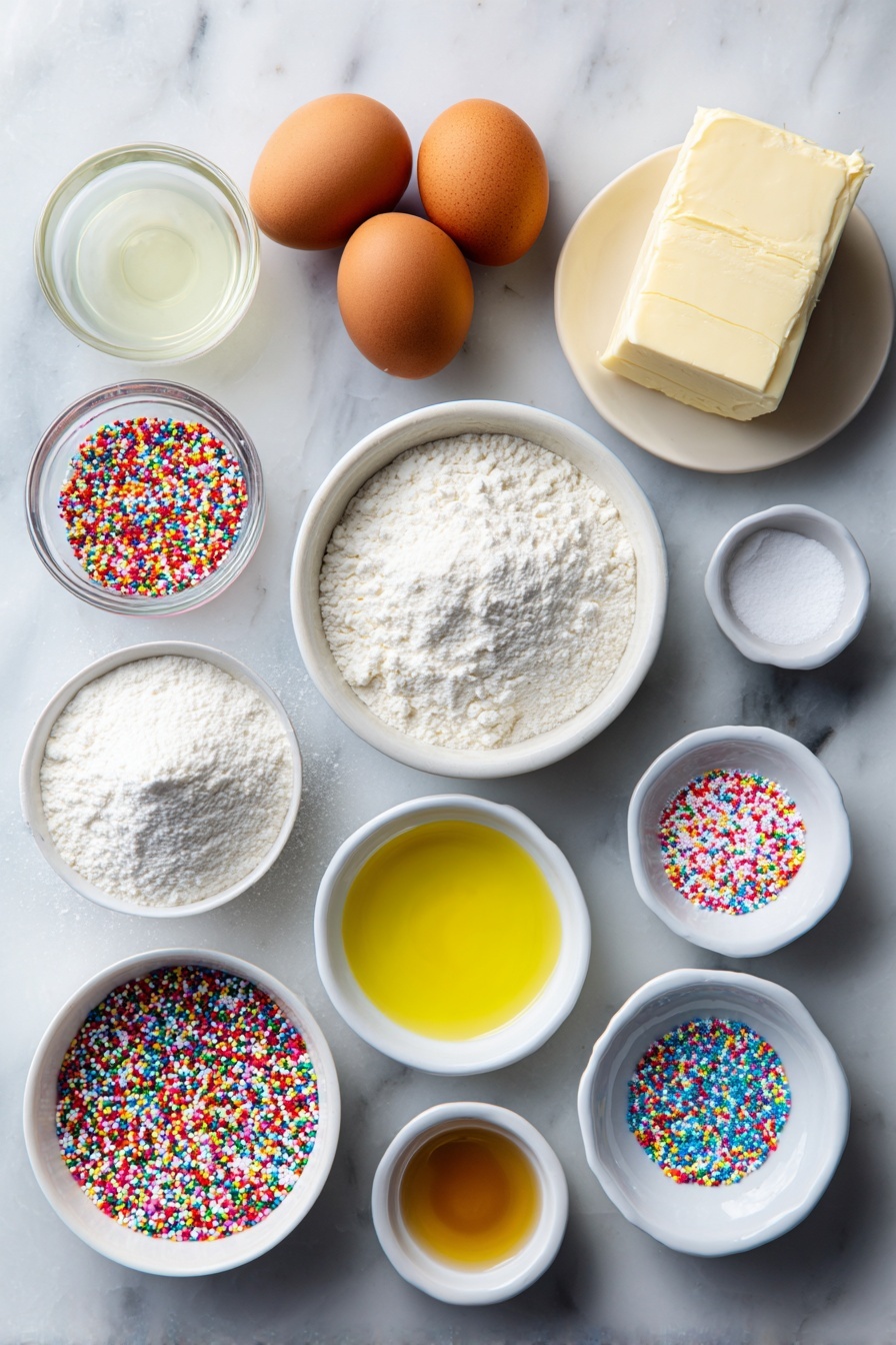 Confetti Cake Mix Cookies, colorful cake mix cookies, easy celebration cookies, soft cake mix cookies with sprinkles, quick party cookie recipes - Flat lay of two whole uncracked large brown eggs, a small white ceramic bowl filled with pale golden vegetable oil, a neat pile of white confetti cake mix powder, a small mound of fine white baking powder powder, a small white ceramic bowl of bright rainbow sprinkles, a chunk of unsalted butter softened to room temperature, a block of original brick-style cream cheese, a small white ceramic bowl filled with sifted white confectioners’ sugar, a small white ceramic bowl with clear vanilla extract, a tiny white ceramic bowl containing fine white salt, another small white ceramic bowl with colorful confetti sprinkles placed symmetrically around, all ingredients fresh and natural, arranged in perfect symmetry on a clean white marble surface, soft natural light, photo taken with an iPhone, professional food photography style, fresh ingredients, white ceramic bowls, no bottles, no duplicates, no utensils, no packaging --ar 2:3 --v 7 --p m7354615311229779997