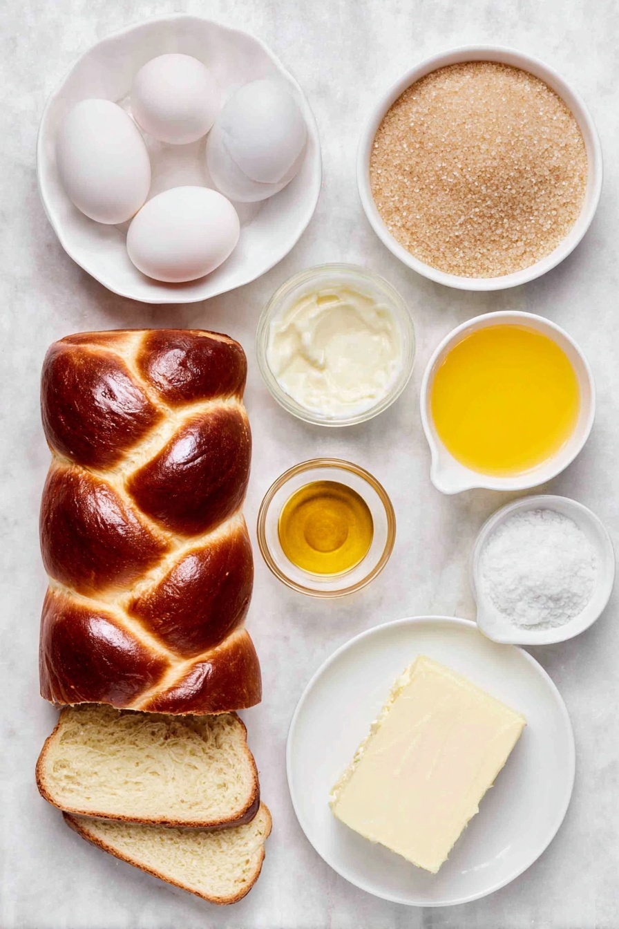 Baked Brioche French Toast Casserole, French Toast Bake, Breakfast Casserole with Brioche, Citrus French Toast, Holiday Brunch Ideas - Flat lay of a thick loaf of brioche bread sliced into triangles arranged neatly, four large clean eggs with uncracked shells, a small white ceramic bowl filled with light brown sugar crystals, a few fresh orange zests curled beside a small white bowl of bright orange juice, a small white bowl holding golden vanilla extract, a tiny pile of fine salt grains, a small white bowl of creamy milk, a smooth pat of pale butter on a simple white dish, and a small white bowl containing coarse demerara sugar crystals, all placed on a clean white marble surface, soft natural light, photo taken with an iPhone, professional food photography style, fresh ingredients, white ceramic bowls, no bottles, no duplicates, no utensils, no packaging --ar 2:3 --v 7 --p m7354615311229779997