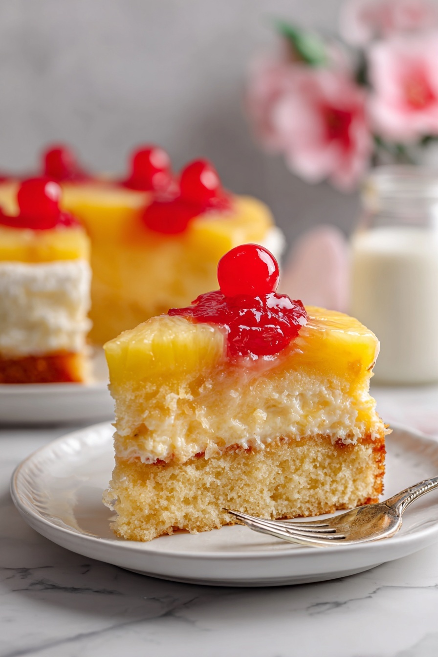 Pineapple Upside Down Cheesecake, pineapple cheesecake recipes, upside down cake with cheesecake, caramel pineapple dessert, fruit-topped cheesecake - The image shows a slice of pineapple upside-down cake being lifted by a fork. The cake slice has three layers: the top yellow layer is a round pineapple ring with a bright red cherry in the center, the middle layer is light and creamy with a smooth texture, and the bottom layer is a golden brown cake with small chunks of pineapple embedded. The full cake below has similar layers and looks moist and soft. The scene is set on a white marbled surface, with a blurry background featuring pink flowers and a glass bottle of milk. Photo taken with an iphone --ar 2:3 --v 7