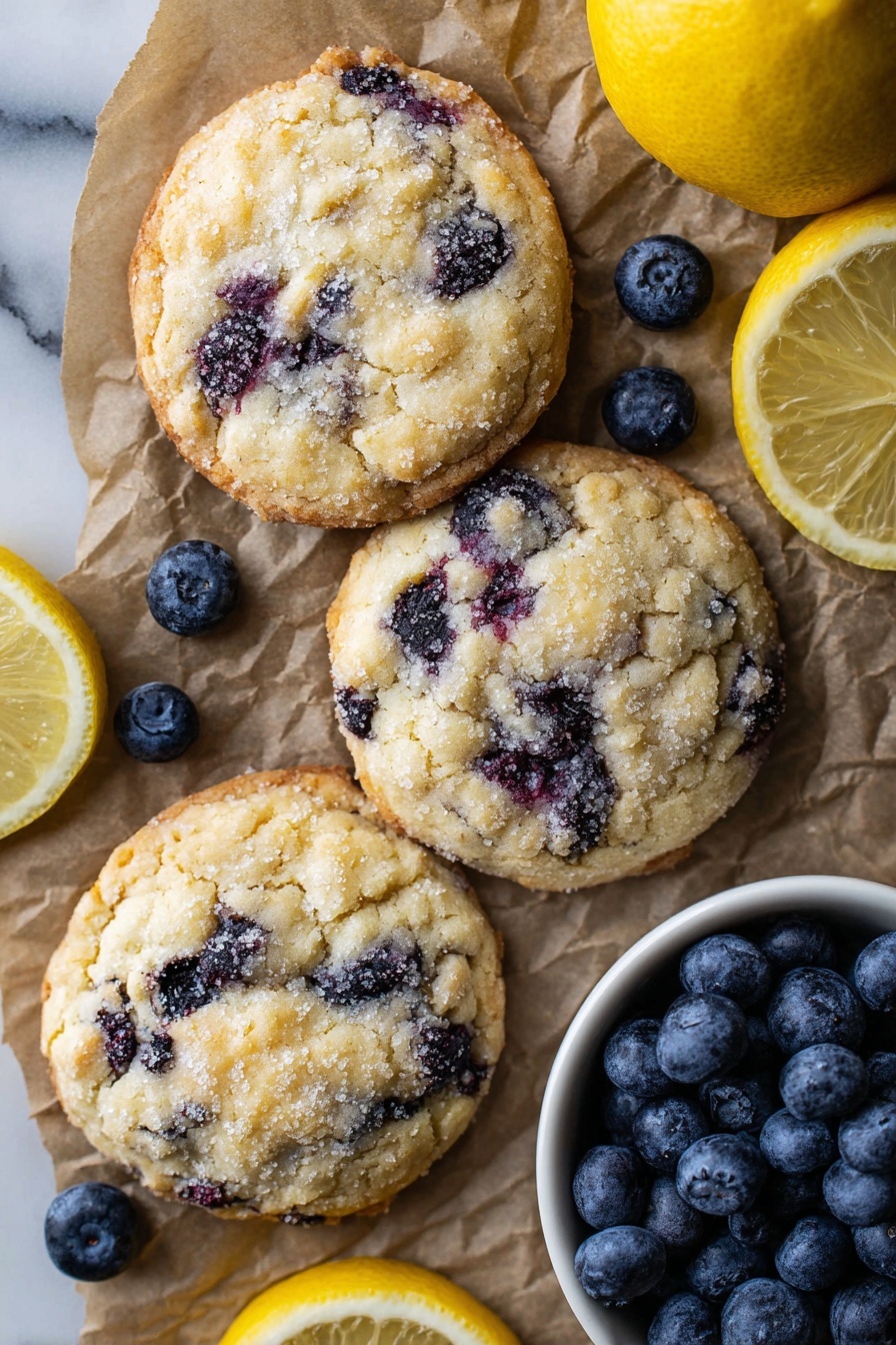 Lemon Blueberry Cookies, lemon blueberry cookie recipe, lemon blueberry baking, blueberry lemon cookies, citrus berry cookies - The image shows four round, golden-brown cookies with a rough sugary texture on top, each filled with visible dark blue-purple blueberries scattered throughout the dough. The cookies are placed on a crinkled brown parchment paper that rests on a white marbled surface. Around the cookies, there are fresh blueberries and two slices of bright yellow lemon, one whole and one partially visible. On the right edge, there is a white bowl filled with plump, shiny blueberries. The photo taken with an iphone --ar 2:3 --v 7