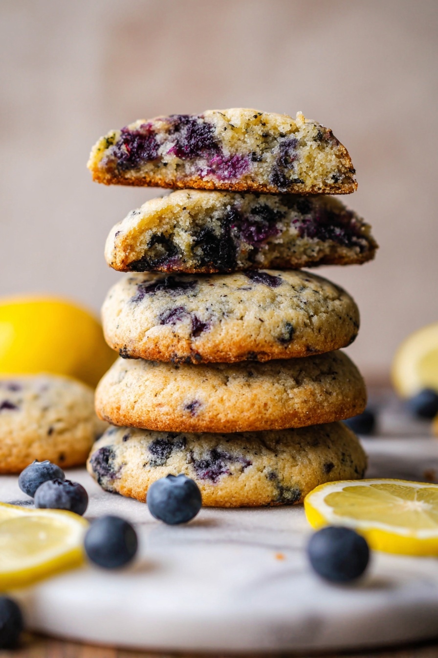 Lemon Blueberry Cookies, lemon blueberry cookie recipe, lemon blueberry baking, blueberry lemon cookies, citrus berry cookies - A round blueberry muffin with a crumbly, sugary top layer showing a mix of light golden and purple colors from the berries, broken into two pieces with the inside soft and moist in a pale yellow tone, placed on brown parchment paper. Around the muffin are whole dark blue blueberries and two small slices of lemon with yellow rind and pale fruit. A white plate with part of another lemon slice is visible in the top right corner. The scene is on a white marbled surface. Photo taken with an iphone --ar 2:3 --v 7