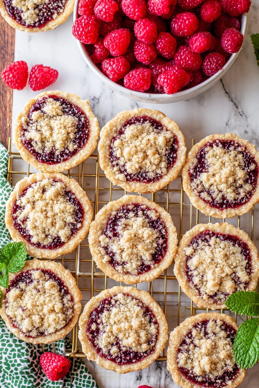 Raspberry Crumble Cookies with Jam, raspberry jam cookie recipe, easy raspberry cookie recipe, fruit-filled crumble cookies, buttery raspberry cookies - A white bowl filled with bright red raspberries sits on a white marbled surface. On a golden cooling rack next to the bowl, there are eight round mini crumb-topped raspberry jam tarts arranged in a neat grid. Each tart has a golden-brown crust with a dark red jam center, covered by rough, beige crumb topping. Scattered fresh raspberries and a sprig of green mint rest beside the tarts, and a green and white patterned cloth is partly visible under the rack. Photo taken with an iphone --ar 2:3 --v 7